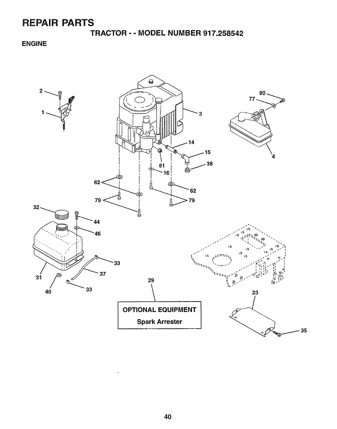 Sears 917.258542 owner manual Engine Optional Equipment, Spark Arrester 