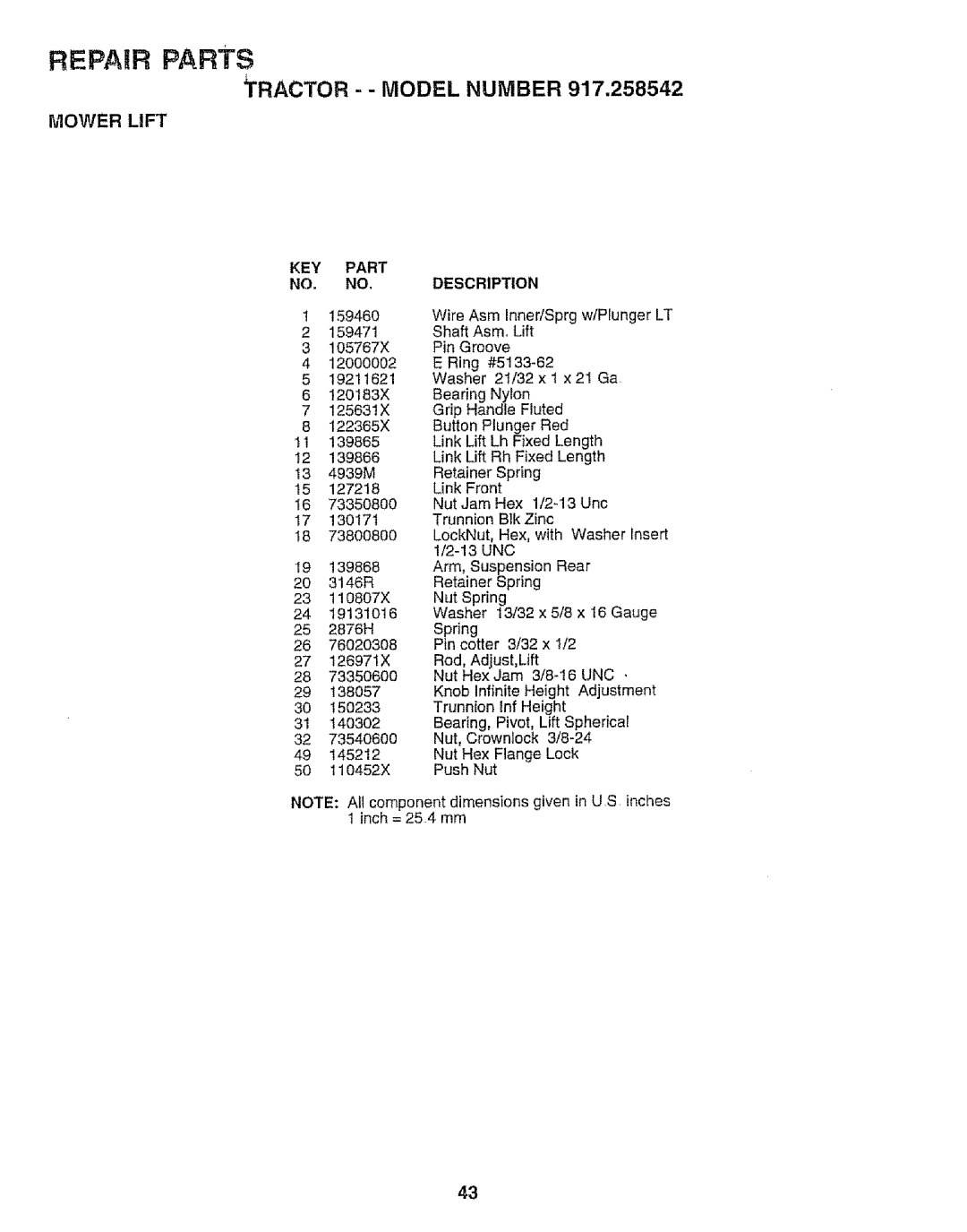 Sears 917.258542 owner manual Mower Lift, KEY Part NO. no 