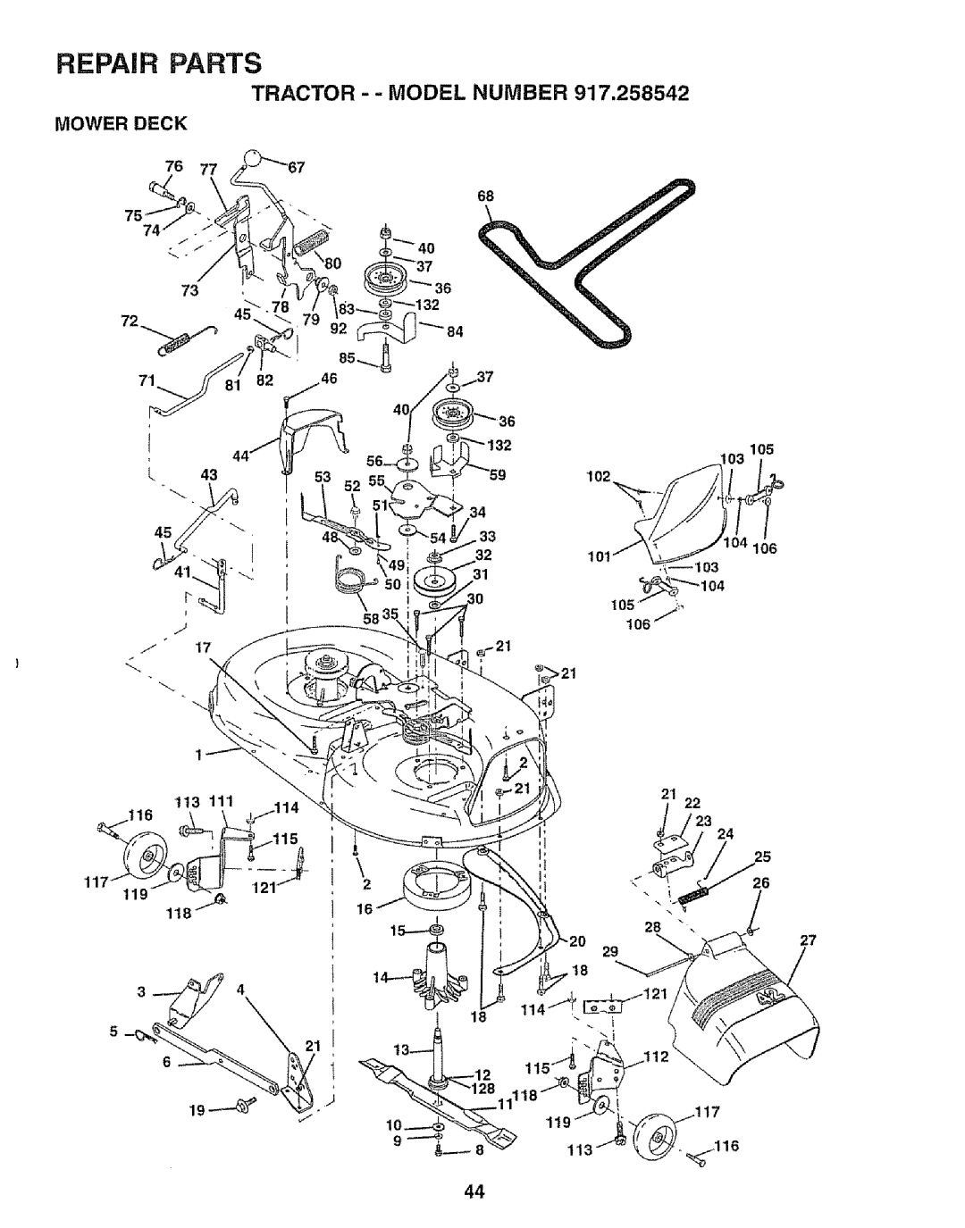 Sears 917.258542 owner manual Mower Deck, 105, 113 111 114 