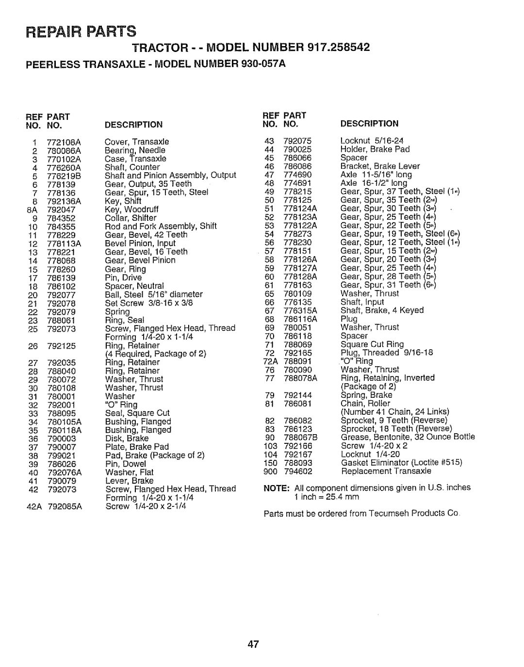 Sears 917.258542 owner manual Part REF Part Description, 792075 