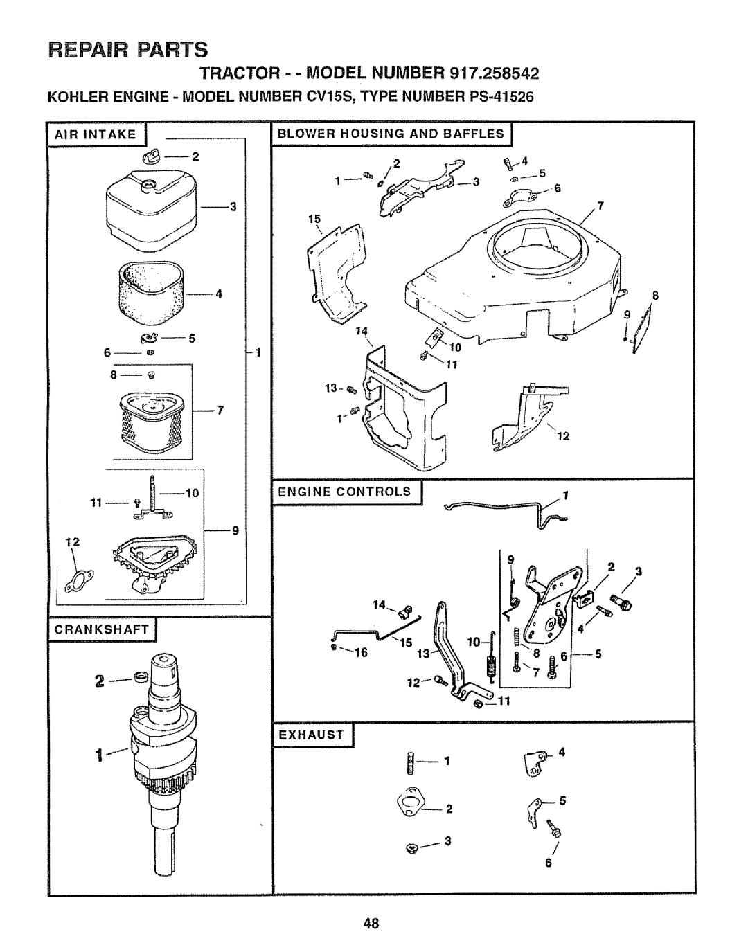 Sears 917.258542 Kohler Engine Model Number CV15S, Type Number PS-41526, AIR Intake, Blower Housing Baffles, Exhausti 