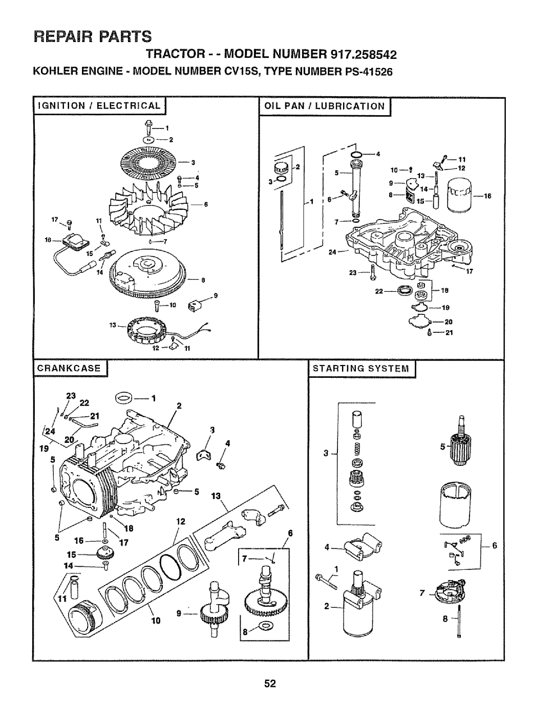 Sears 917.258542 owner manual OIL PAN / Lubrication J, Ignition ELECTRICAL,,I, Starting System, 231 