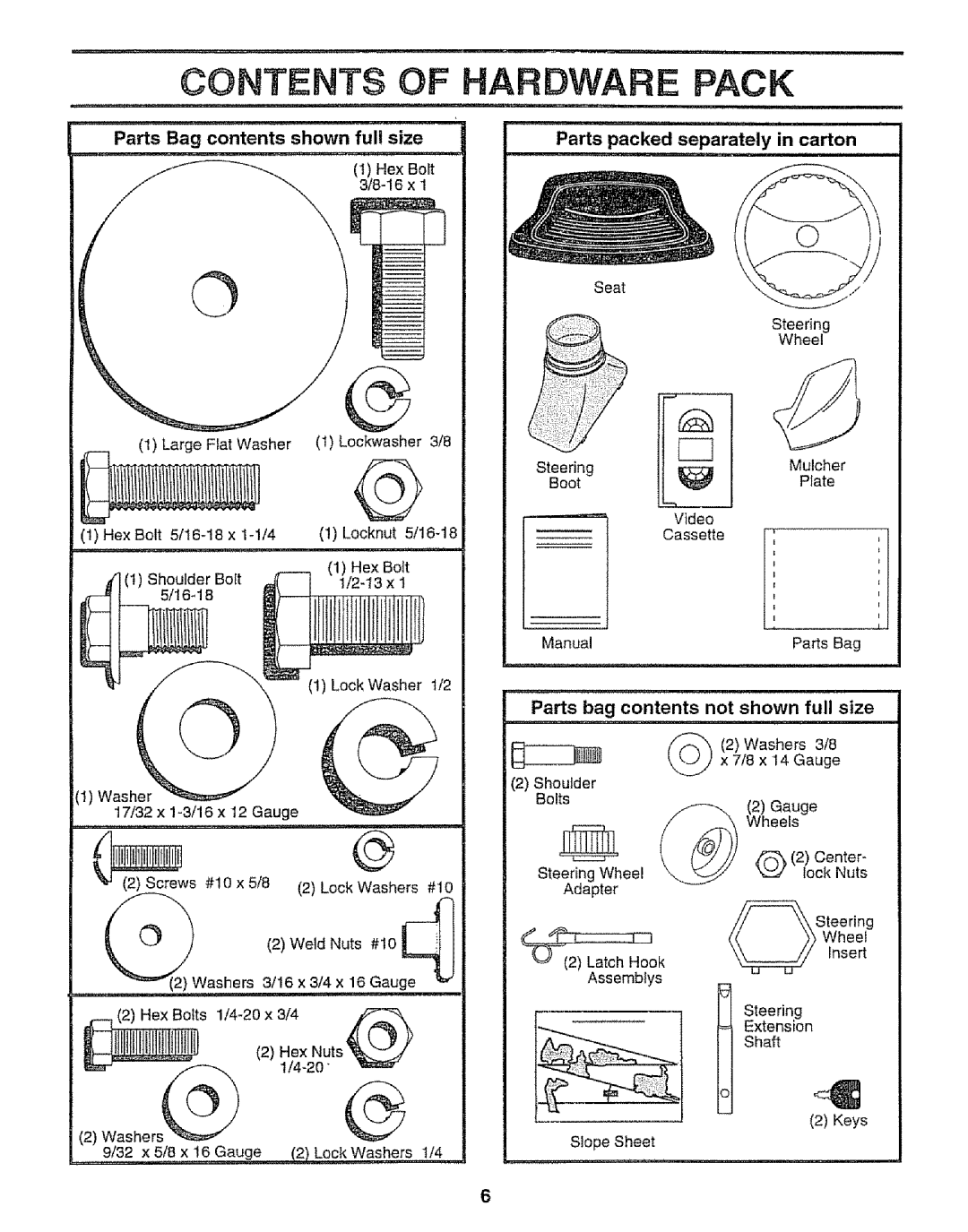 Sears 917.258542 Contents Hardware, Pack, Parts Bag contents shown ful! size, Parts bag contents not shown full size 