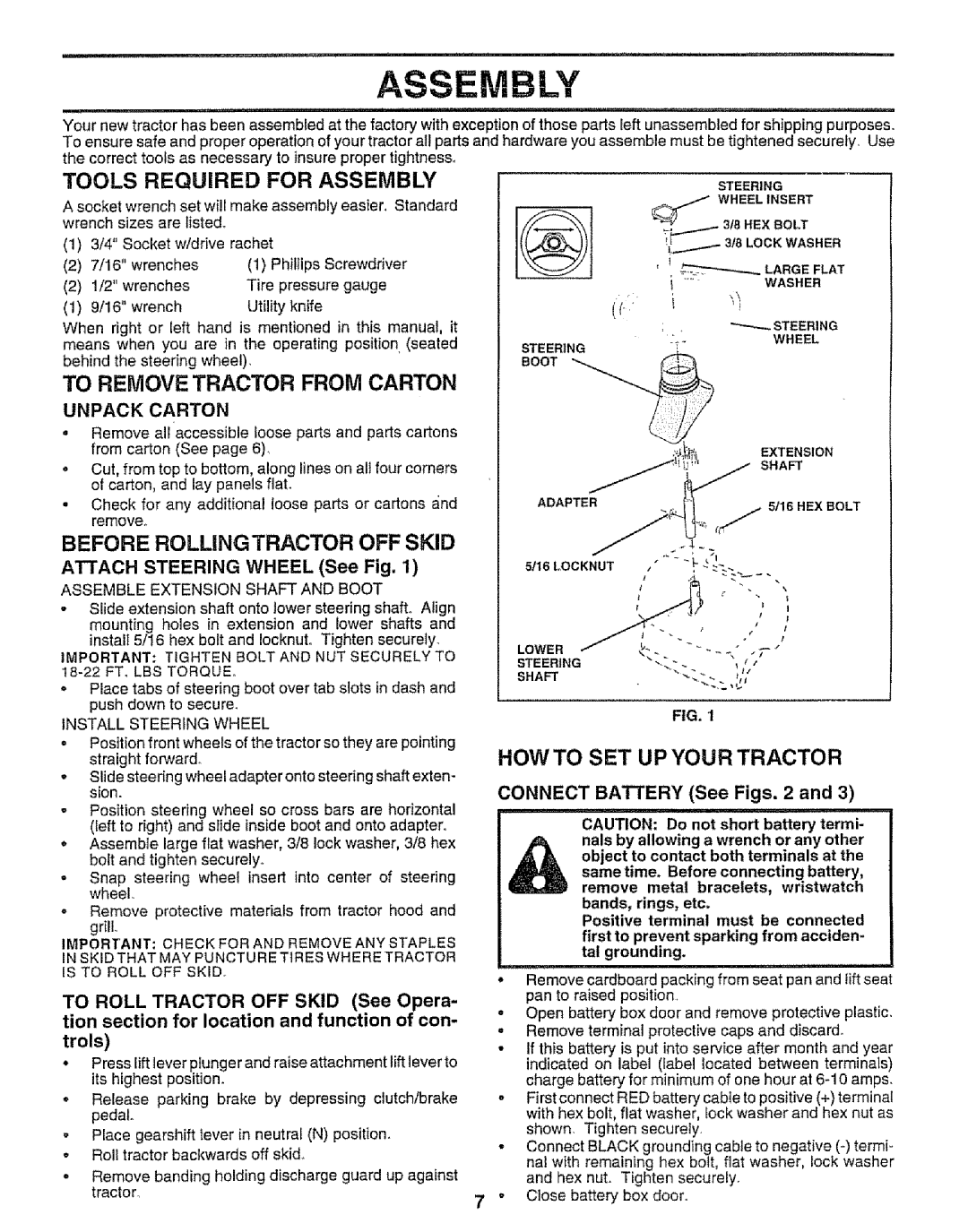 Sears 917.258542 Unpack Carton, Attach Steering Wheel See Fig, Connect Battery See Figs, Assemble Extension Shaft and Boot 