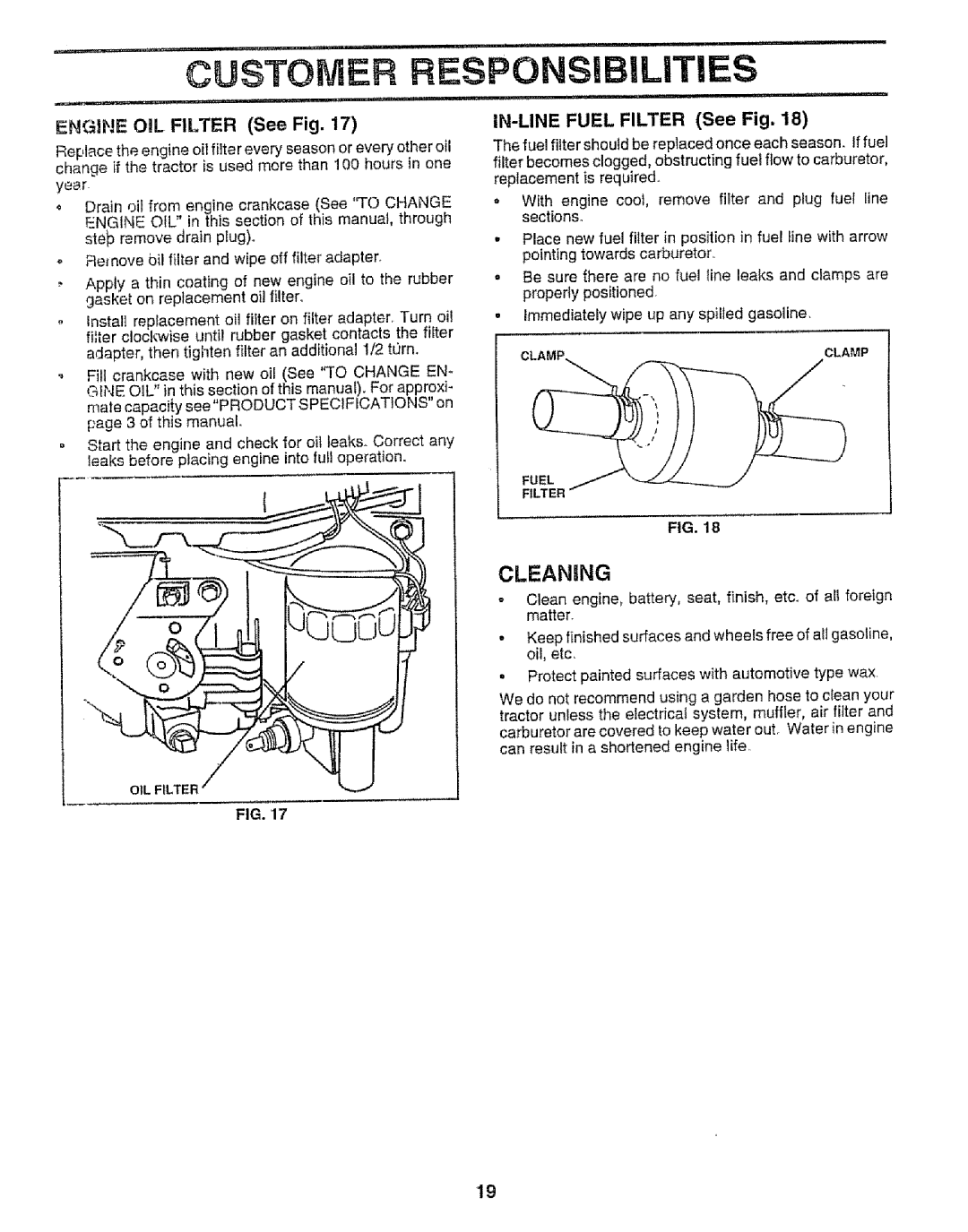Sears 917.258542 owner manual Cleanrng, ENGIHE OiL FILTER See Fig, IN-LINEFUEL FILTER See Fig 