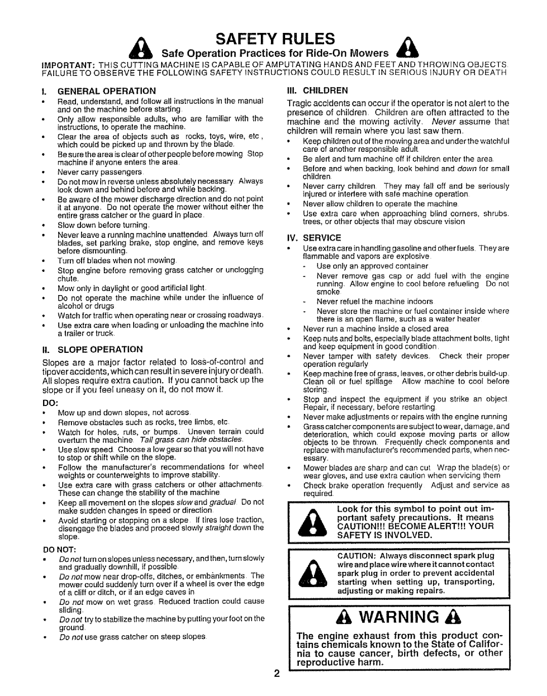 Sears 917.258542 owner manual A Warning A, Safety Rules, Safe Operation Practices for Ride-OnMowers, General Operation 