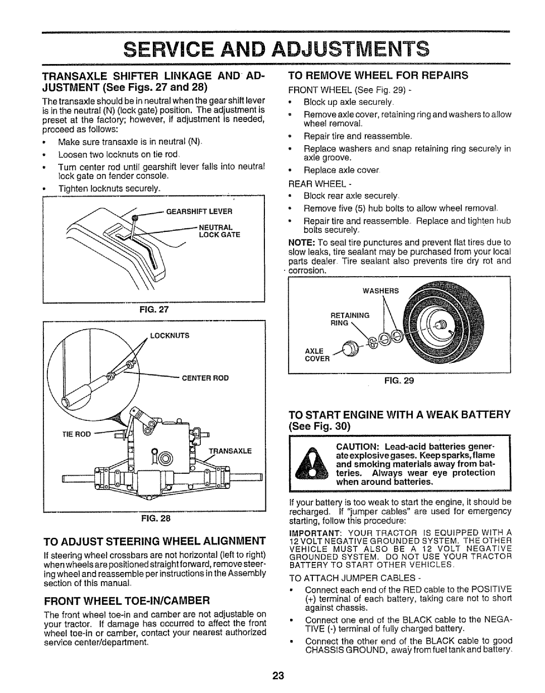 Sears 917.258542 owner manual Service, Adjustments, Front Wheel Toe-In/Camber, TO STARTENGINEWITHAWEAK BAI-rERY, See Fig 