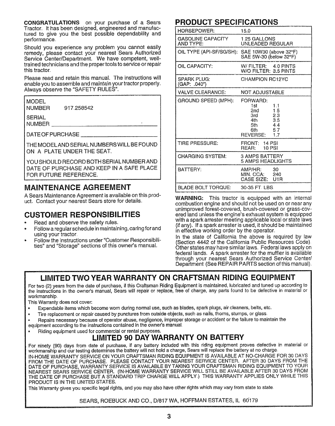 Sears 917.258542 owner manual Maintenance Agreement, Customer Responsibilities, Product Specifications 
