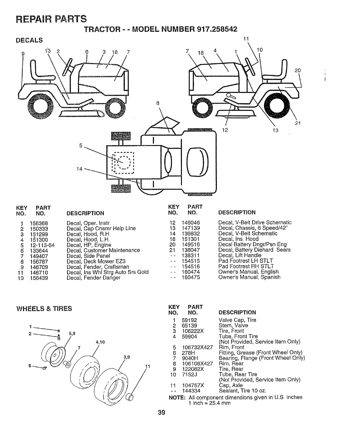 Sears 917.258542 owner manual Repair, Parts, Decals, 151300, Wheels & Tires, Description 