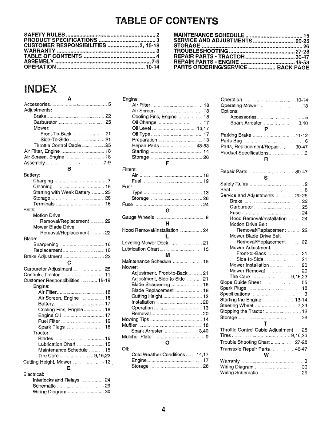 Sears 917.258542 Index, Table Of Contents, Safety Rules, Product, Specifications, Customer, Responsibilities, Warranty 