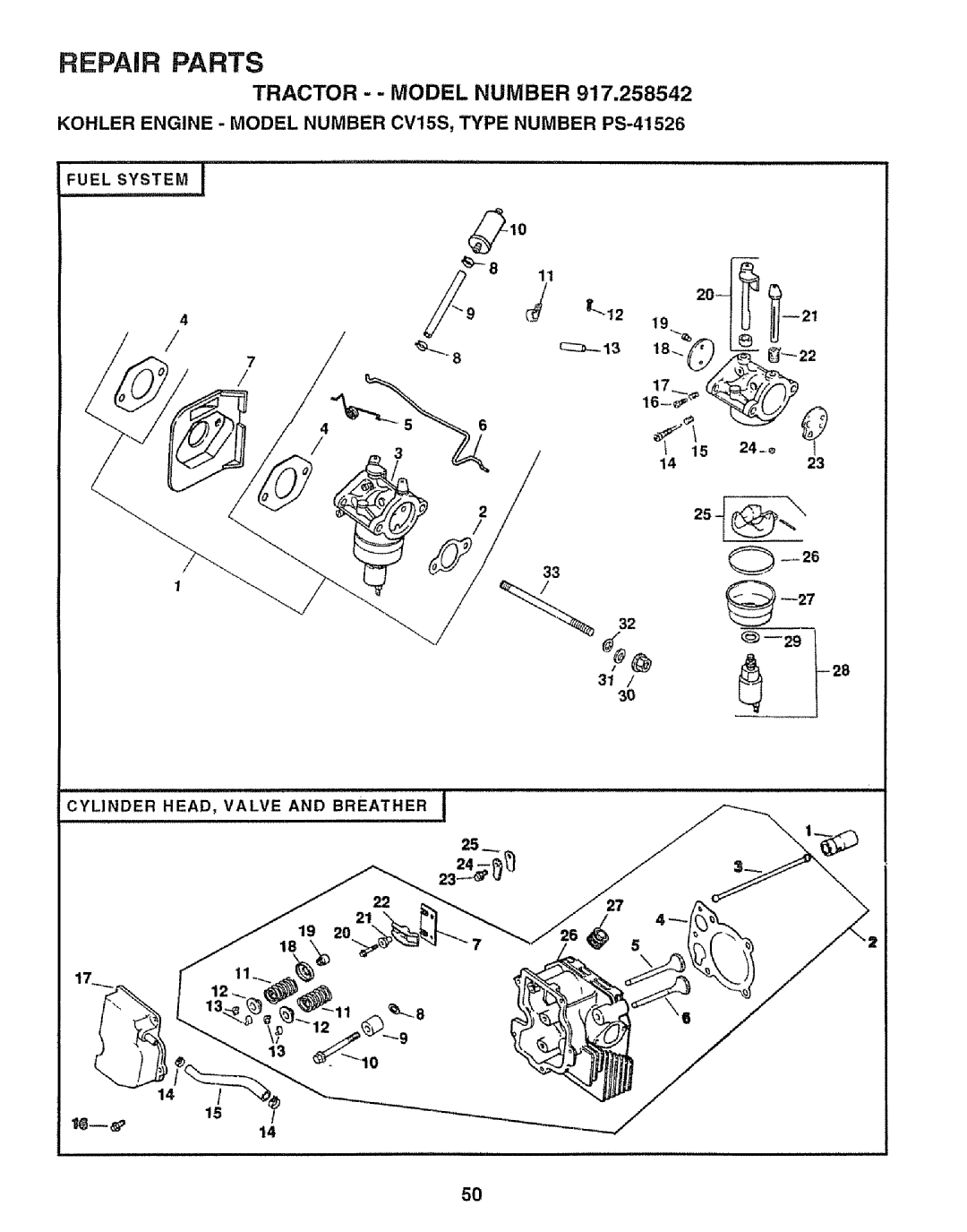 Sears 917.258542 owner manual Repair Parts, Tractor - - Model Number, CYLINDER HEAD, VALVE AND BREATHER 2227 21 19 18 