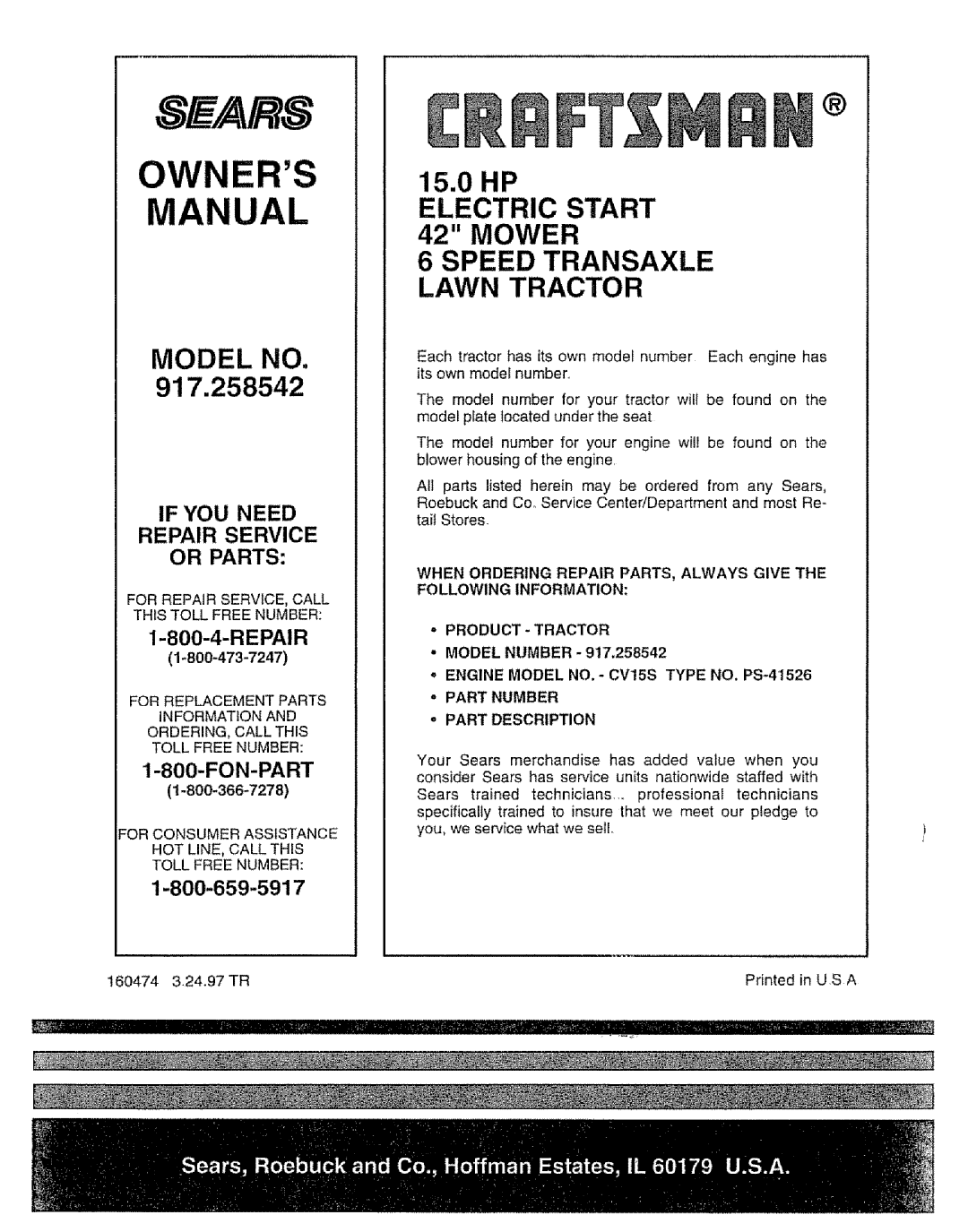 Sears Owners, Manual, MODEL NO 917.258542, 15.0HP ELECTRIC START 42 MOWER 6 SPEED TRANSAXLE, Lawn Tractor, Repair 