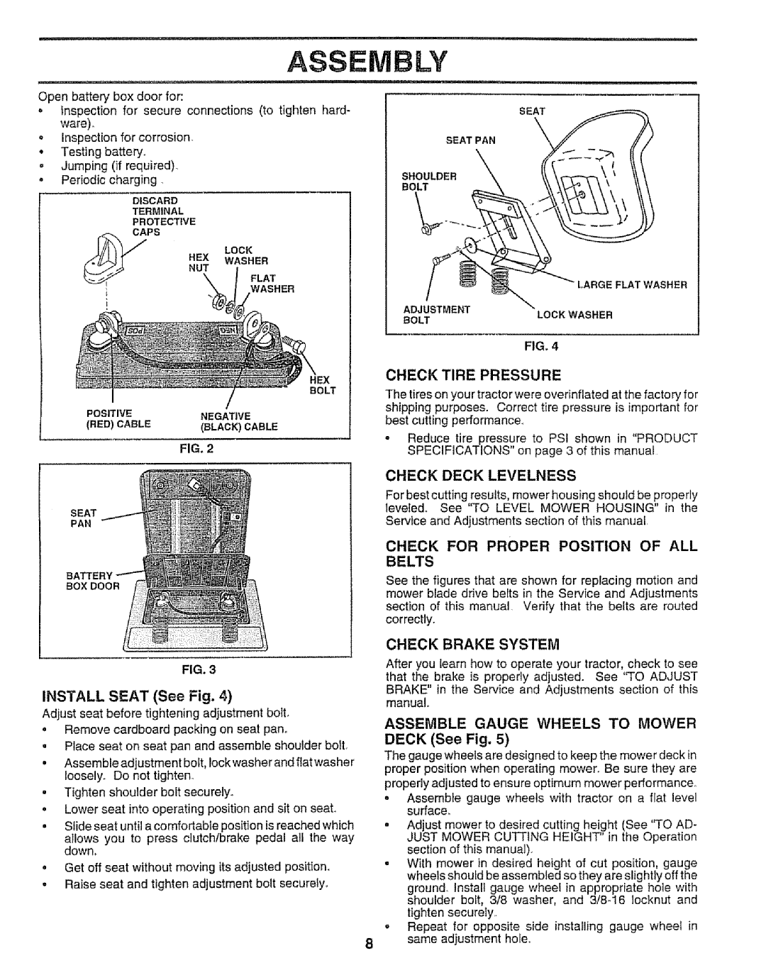 Sears 917.258542 owner manual inspectionfor secureconnectionsto tightenhard, Check Tire Pressure, Check Deck Levelness, Fig 