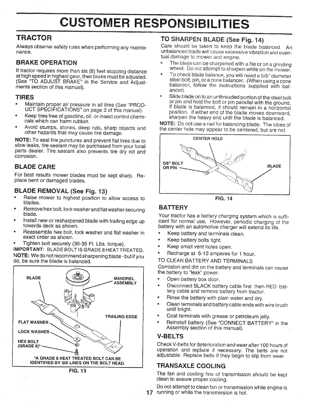 Sears 917.258552 owner manual Tractor, Brake Operation, Tires, Battery, Transaxle Cooling 