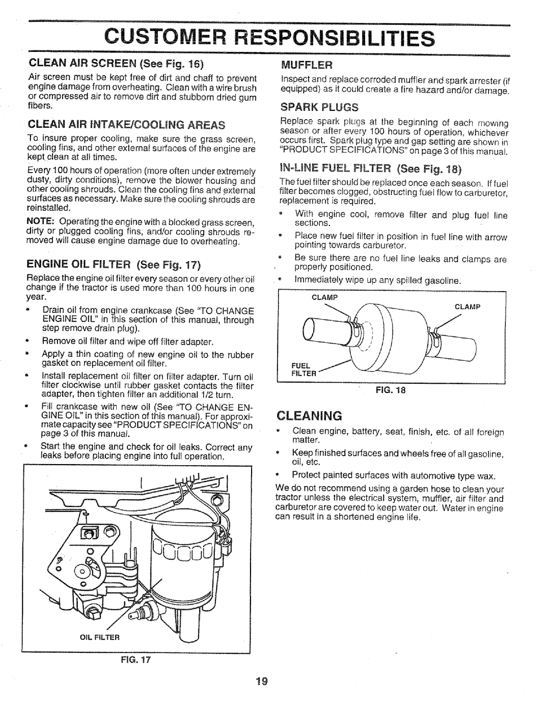 Sears 917.258552 owner manual Cleaning, Muffler, Spark Plugs 