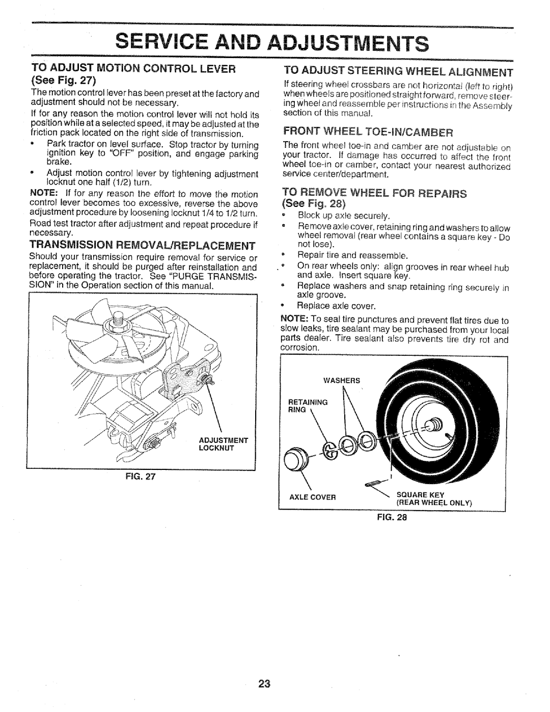 Sears 917.258552 owner manual Service AN Adjustm NTS, To Adjust Motion Control Lever, To Adjust Steering Wheel Alignment 