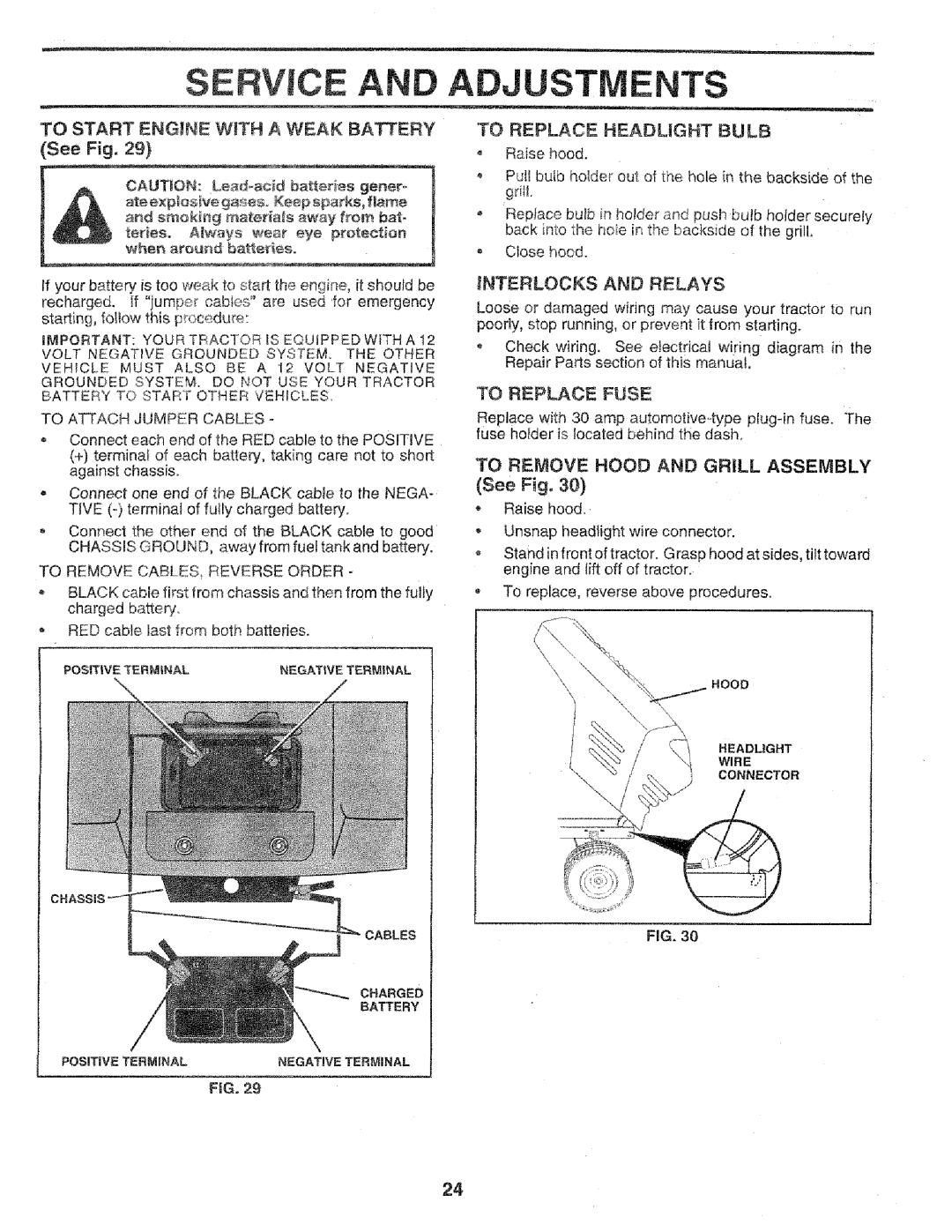 Sears 917.258552 owner manual Service a Adjustments, To Start Engjne WiTH a Weak Battery See Fig, To Replace Headlight Bulb 