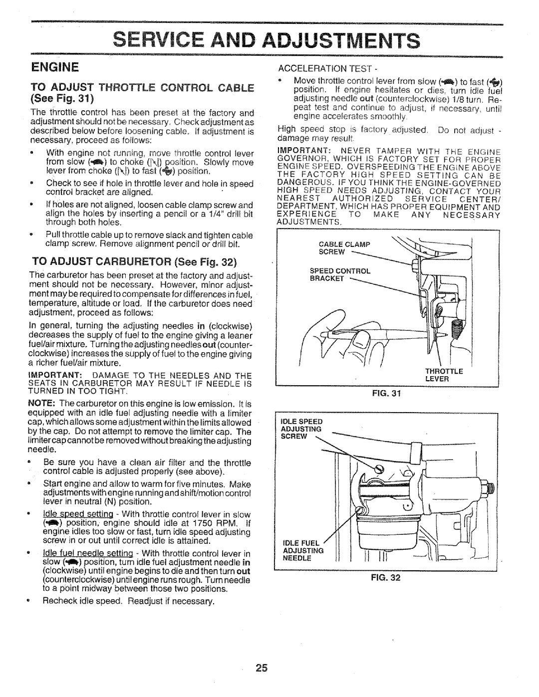 Sears 917.258552 owner manual Engine, To Adjust Throttle Control Cable, To Adjust Carburetor See Fig 