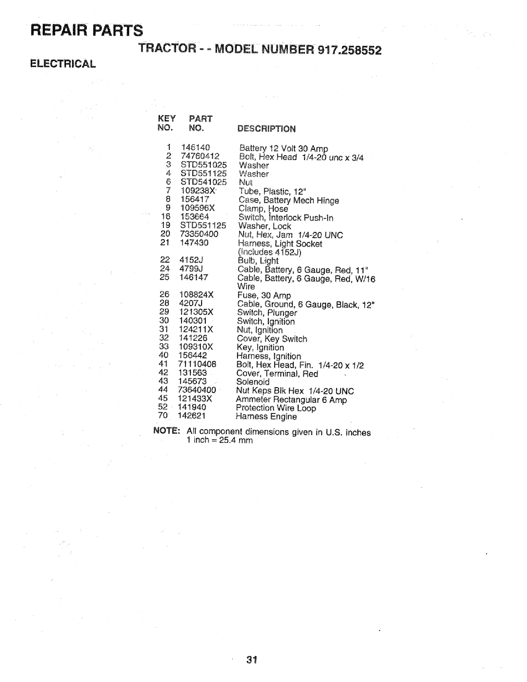 Sears 917.258552 owner manual Tractor Model Number, Key, Part Description 