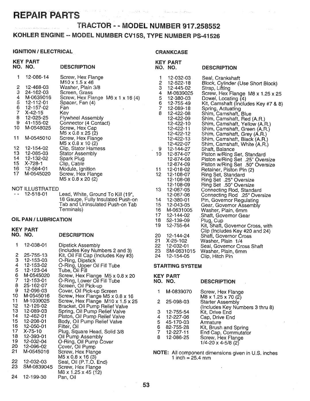 Sears 917.258552 owner manual Kohler Engine -- Model Number CV!5S, Type Number PS-41526, Electrical, Crankcase KEY Part 