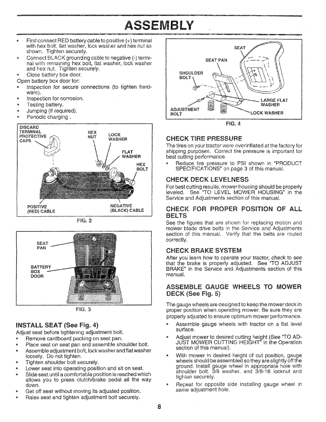 Sears 917.258552 Assembly, Install Seat See Fig, Check Deck Levelness, Assemble Gauge Wheels to Mower Deck See Fig 