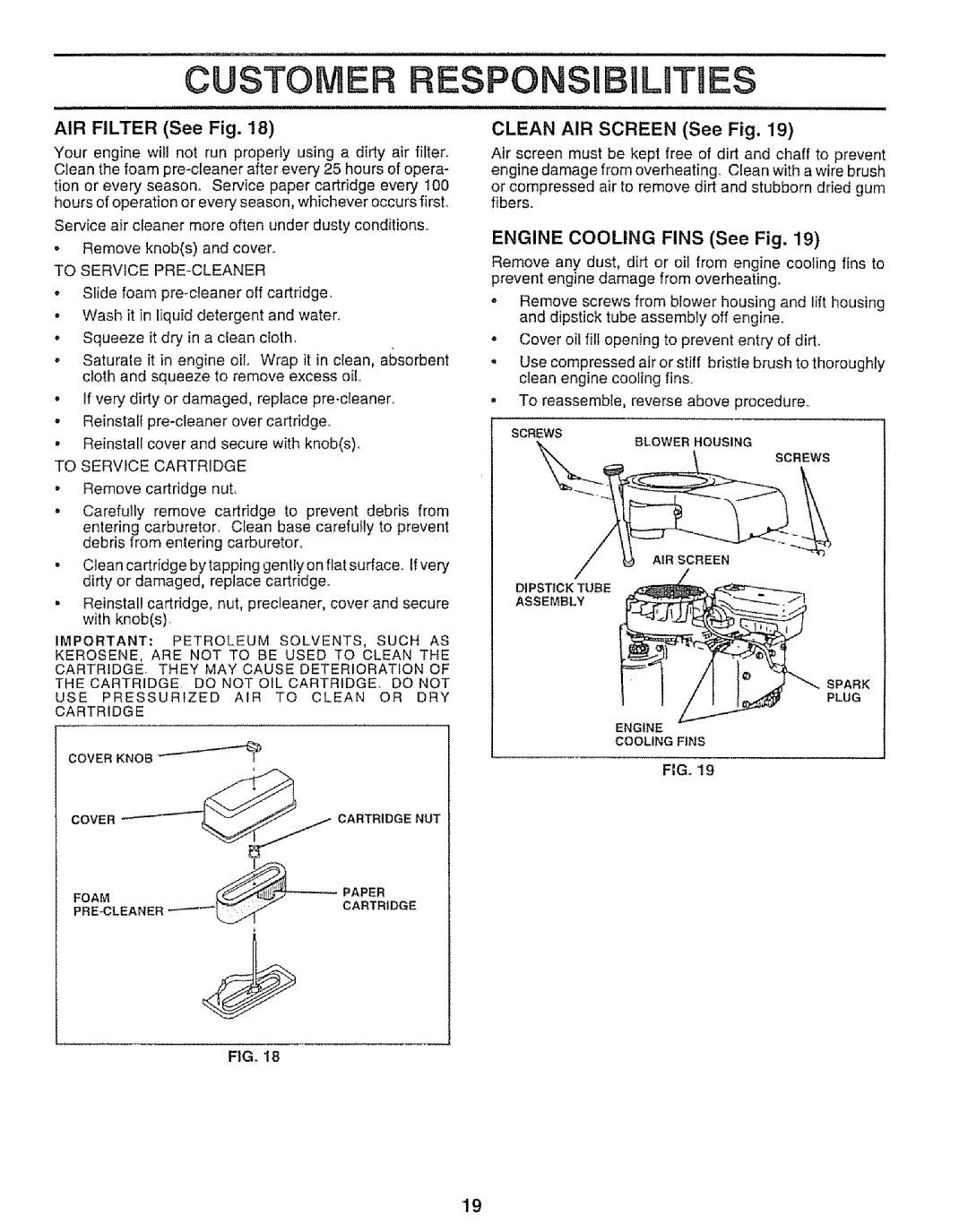 Sears 917.25953 AIR Filter See Fig, Clean AIR Screen See Fig, Engine Cooling Fins See Fig, To Service PRE-CLEANER 