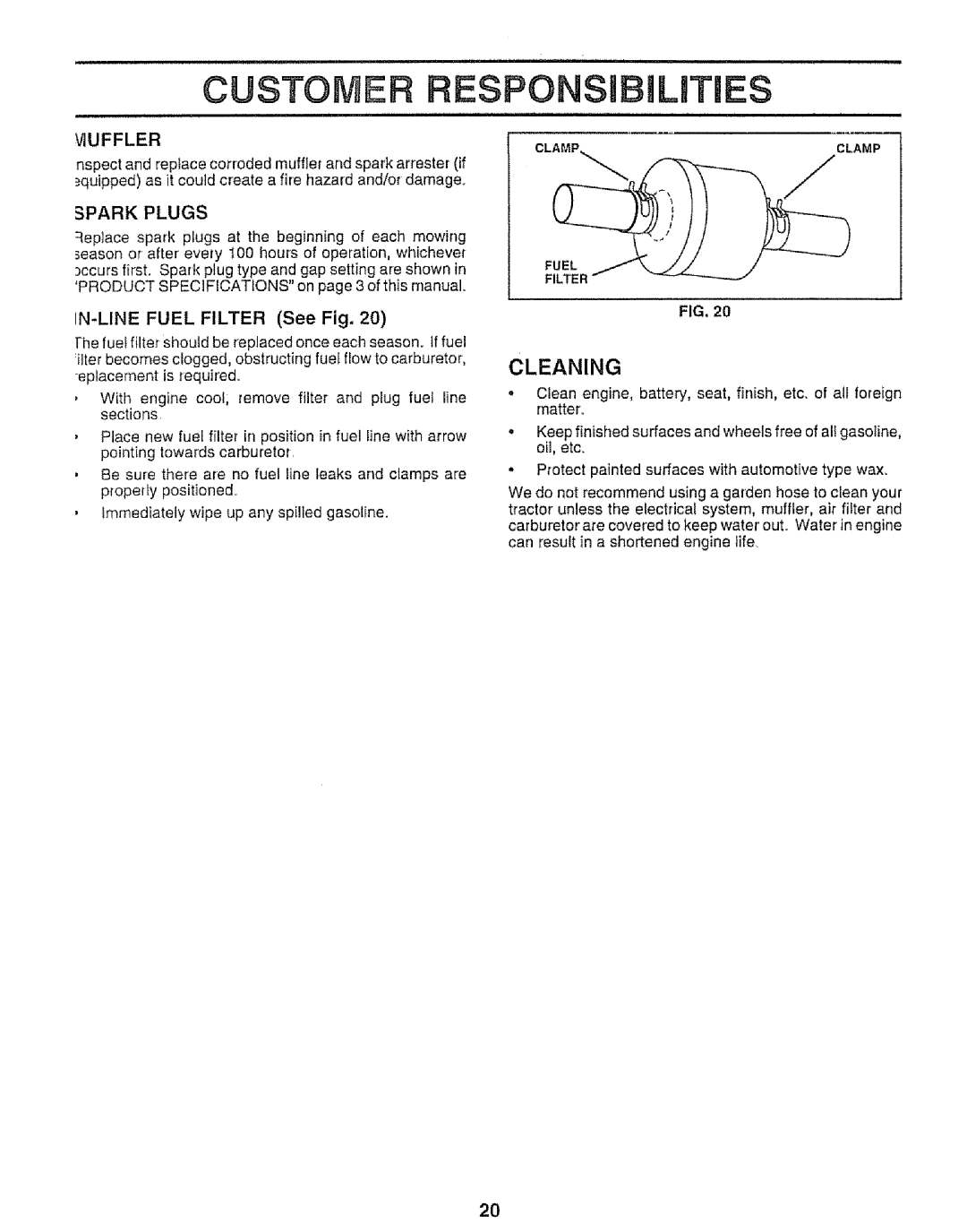 Sears 917.25953 owner manual Ousto E ESPONS! Lities, Cleaning, Spark Plugs, Viuffler 