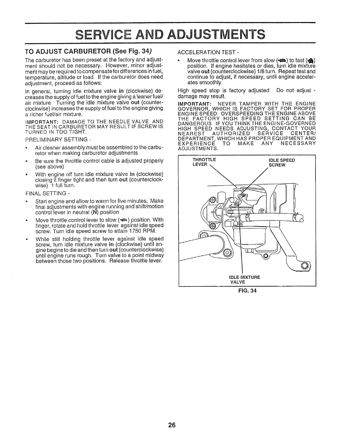 Sears 917.25953 Service a Adjustments, To Adjust Carburetor See Fig, Preliminary Setting, Final Setting, Acceleration Test 