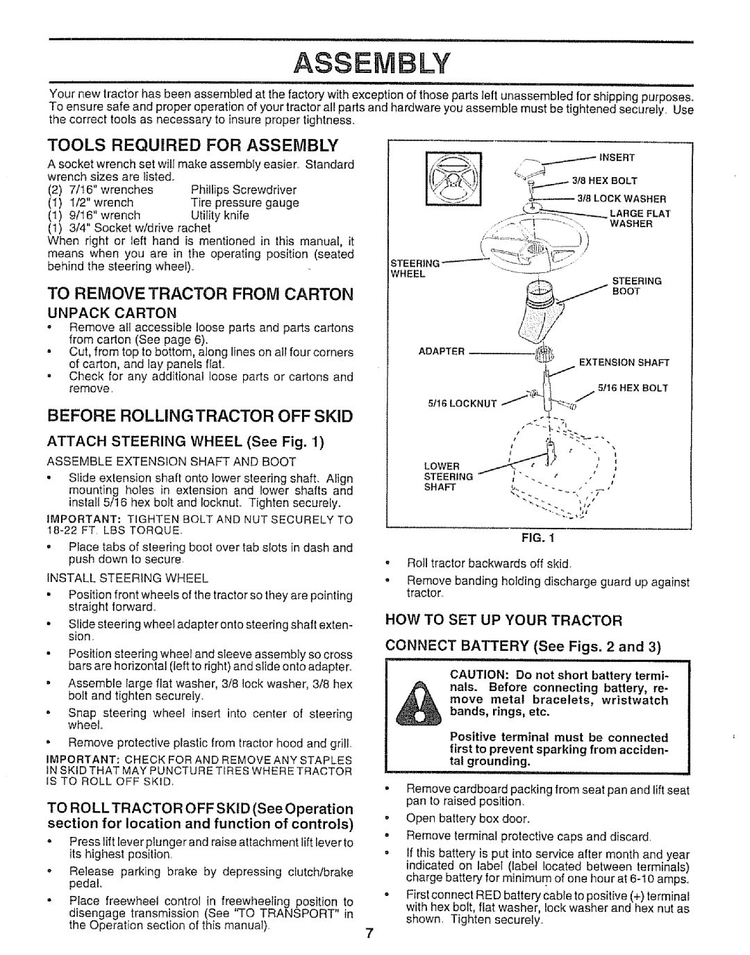 Sears 917.25953 Tools Required for Assembly, To Remove Tractor from Carton, Before Rolling Tractor OFF Skid, Unpack Carton 