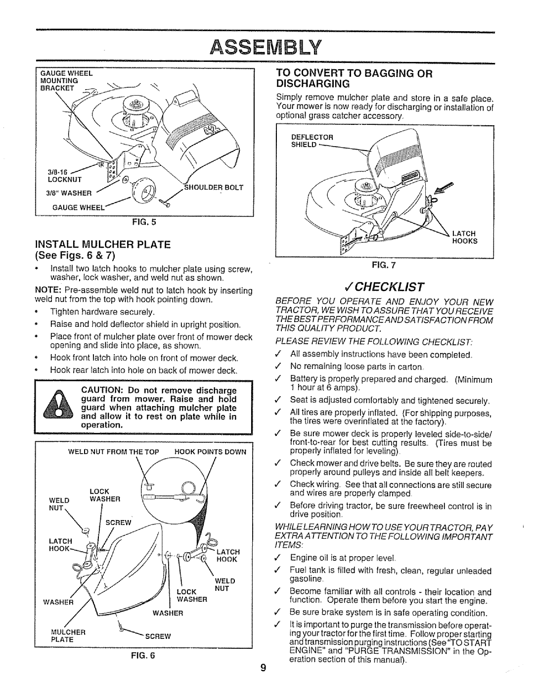 Sears 917.25953 owner manual 7CHECKLIST, Install Mulcher Plate See Figs, To Convert to Bagging or, FIGo 