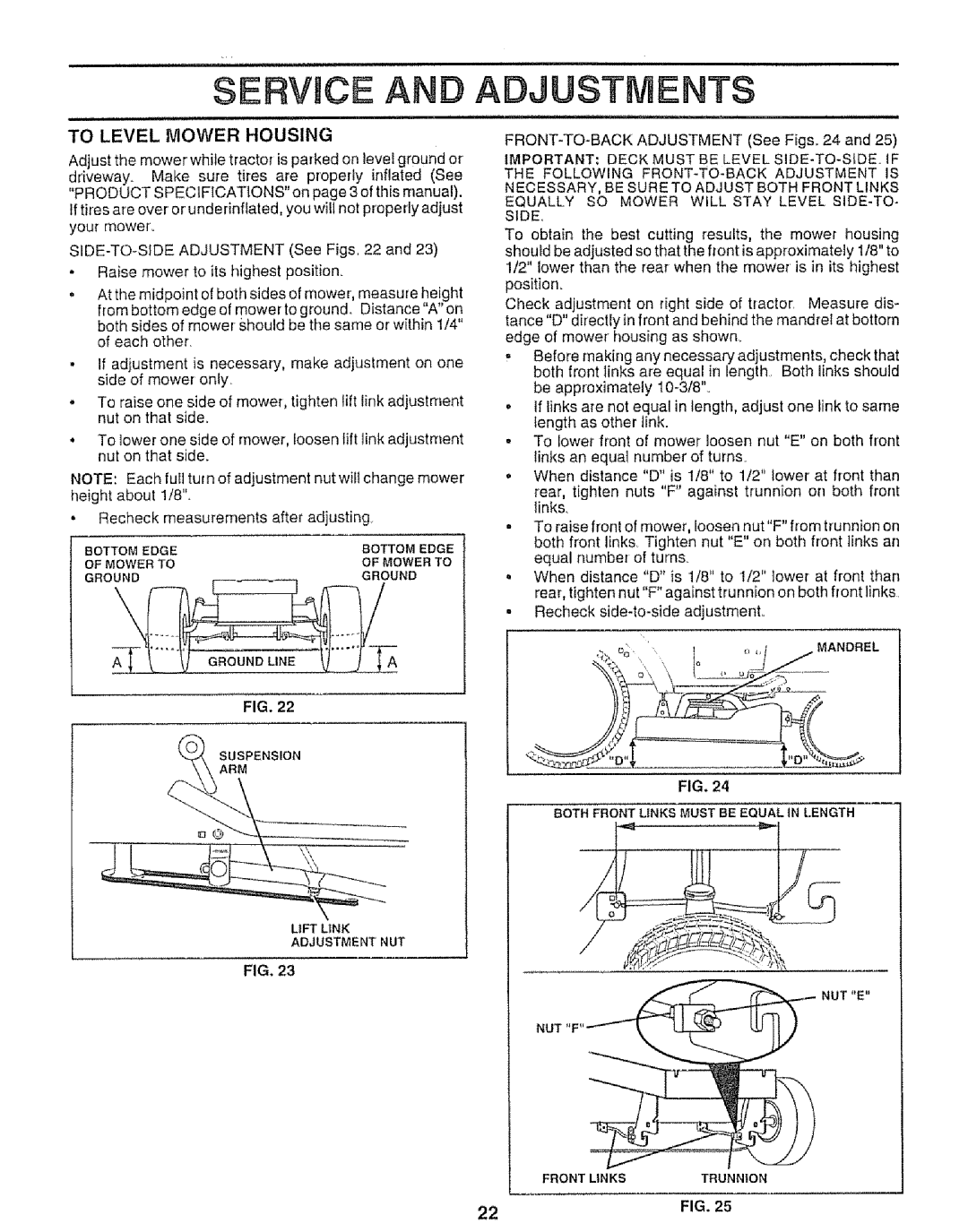 Sears 917.25953 owner manual SERVmCE AND ADJUSTMENTS, To Level Mower Housing 