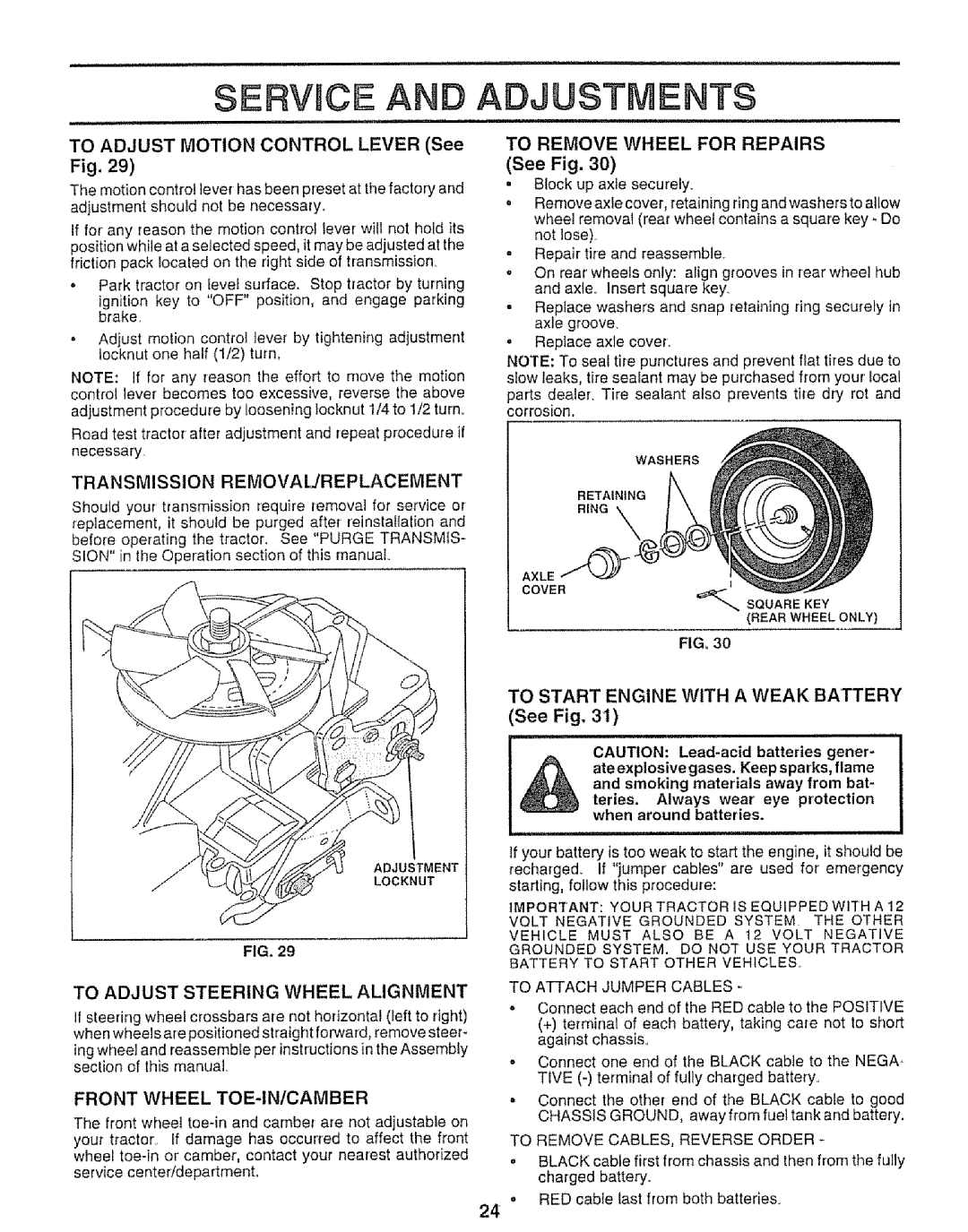 Sears 917.25953 Service An Adjustments, TO ADJUST MOTION CONTROL LEVER See Fig, TO REMOVE WHEEL FOR REPAIRS See Fig 