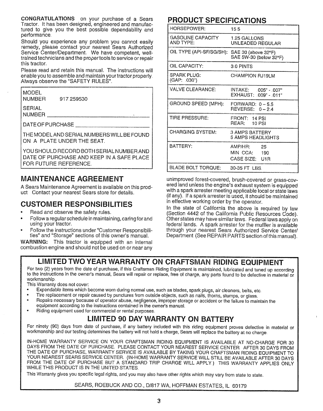 Sears 917.25953 owner manual Product Specifications, Maintenance Agreement, Customer Responsibilities 