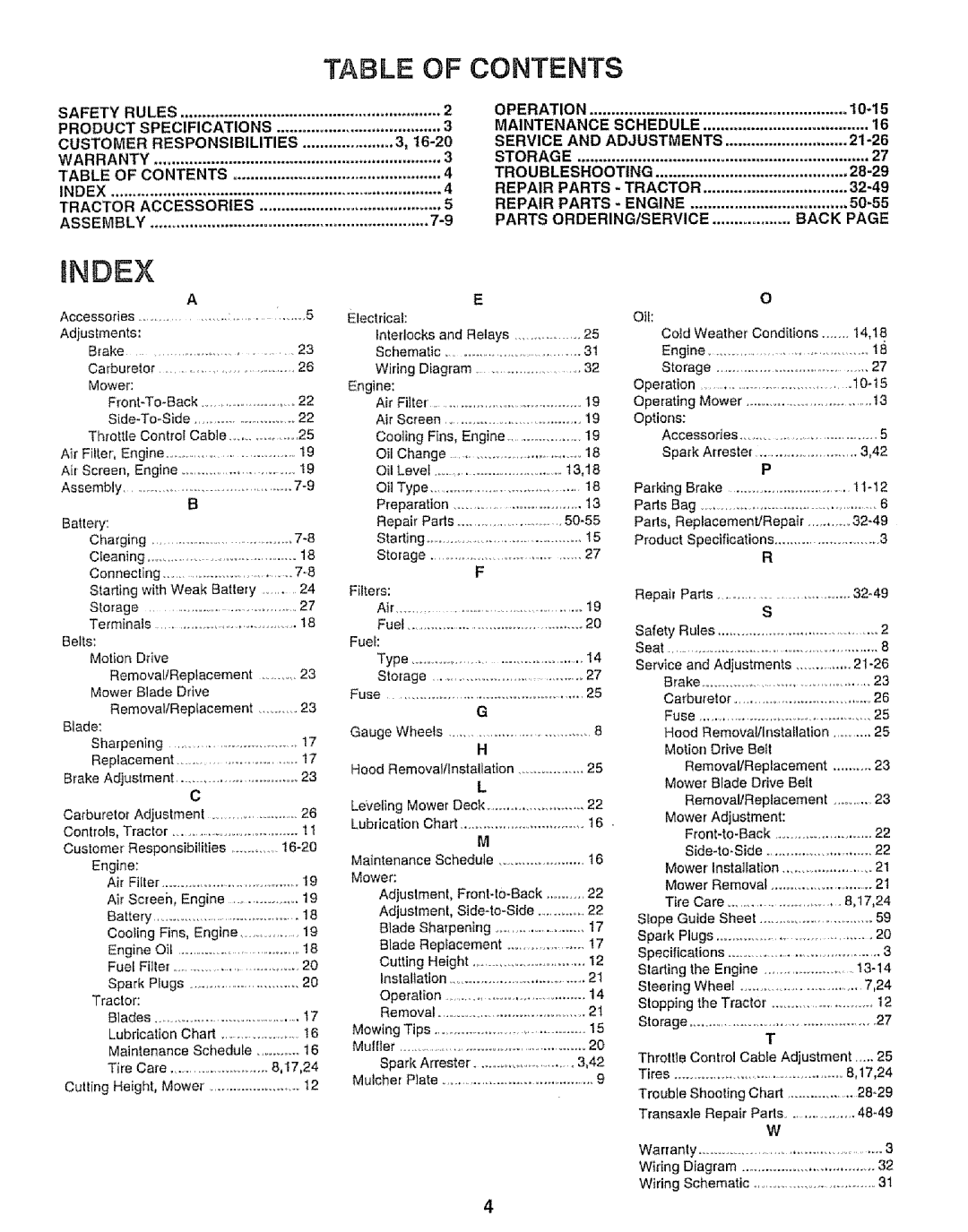 Sears 917.25953 owner manual iNDEX, Table Of Contents 