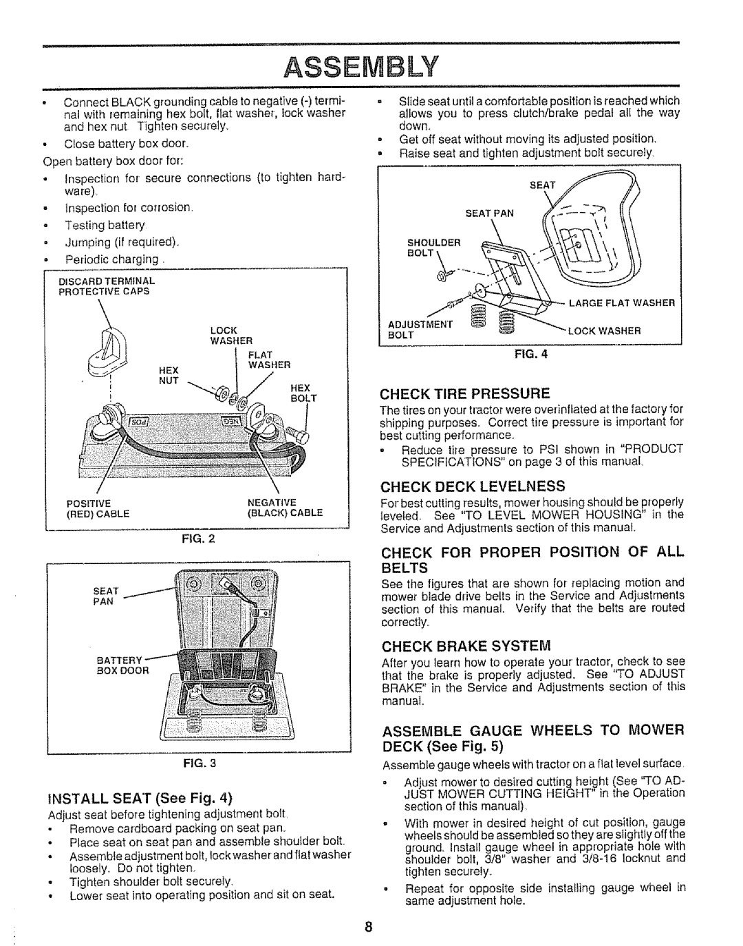Sears 917.25953 owner manual Asse, INSTALL SEAT See Fig, Check Tire Pressure, Check Deck Levelness, Check Brake System 