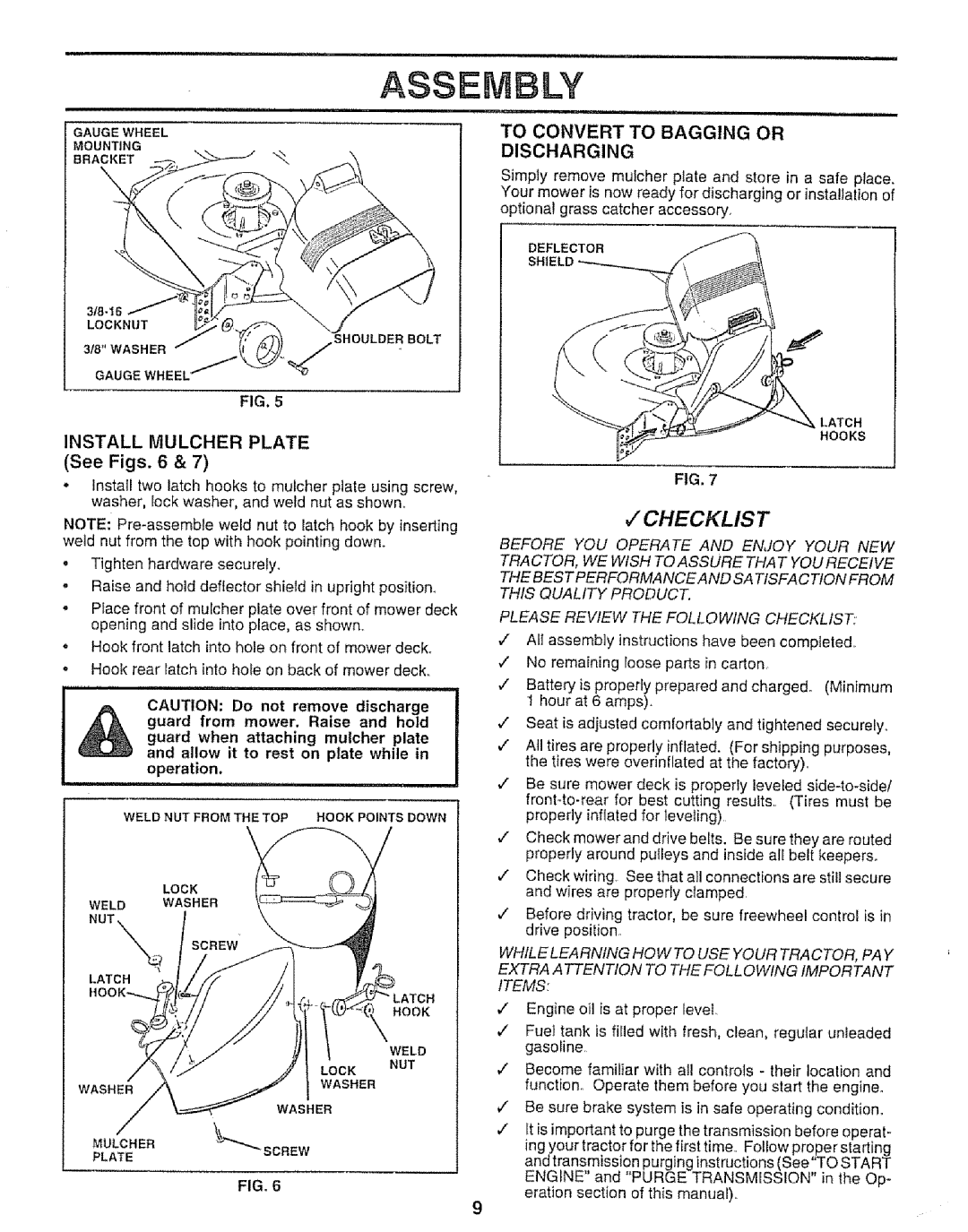 Sears 917.25953 owner manual 7CHECKLIST, INSTALL MULCHER PLATE See Figs. 6, To Convert To Bagging Or, Discharging 
