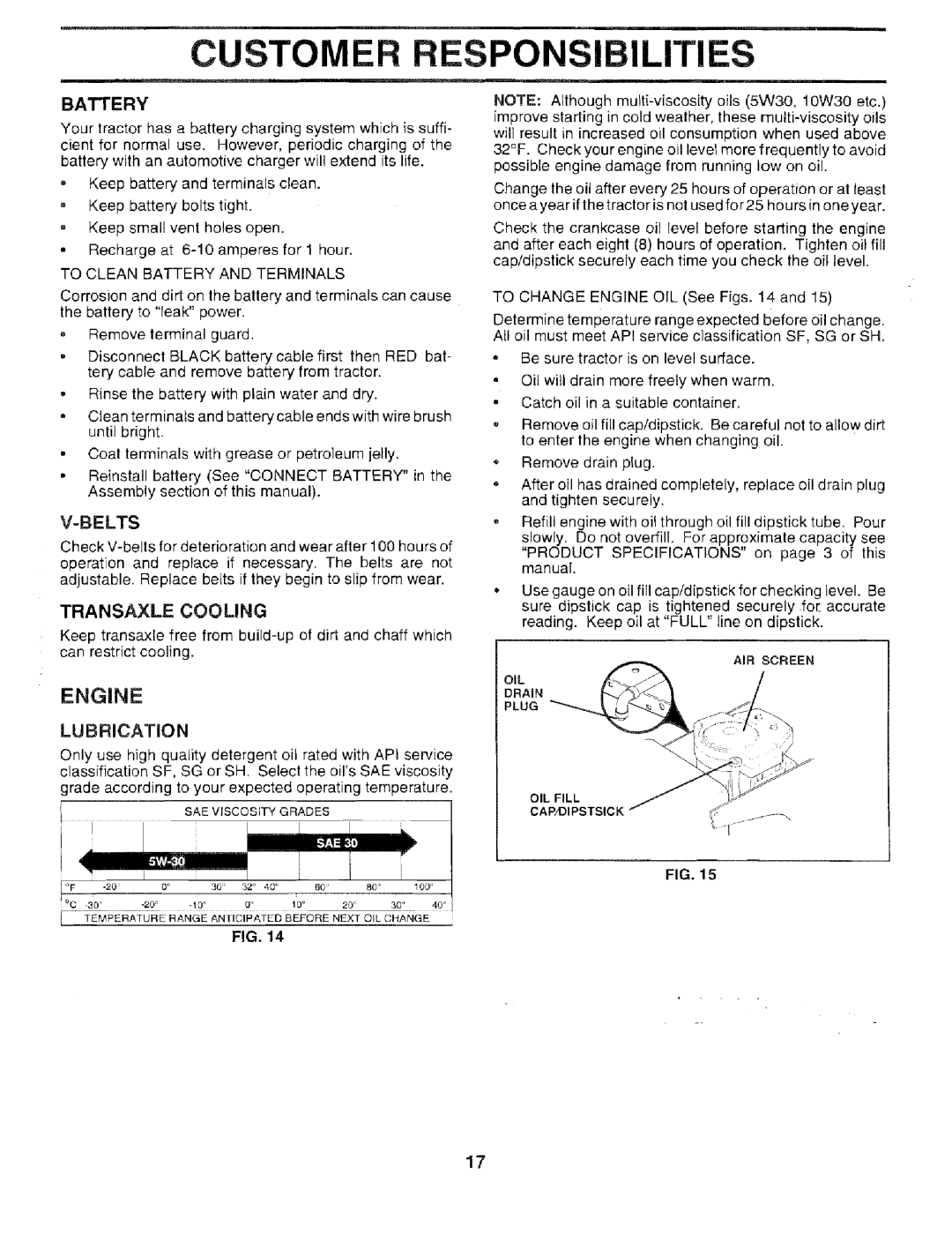 Sears 917.259567 owner manual Stomer Respon Bilities, Battery, =Belts, Transaxle Cooling, Lubrication 