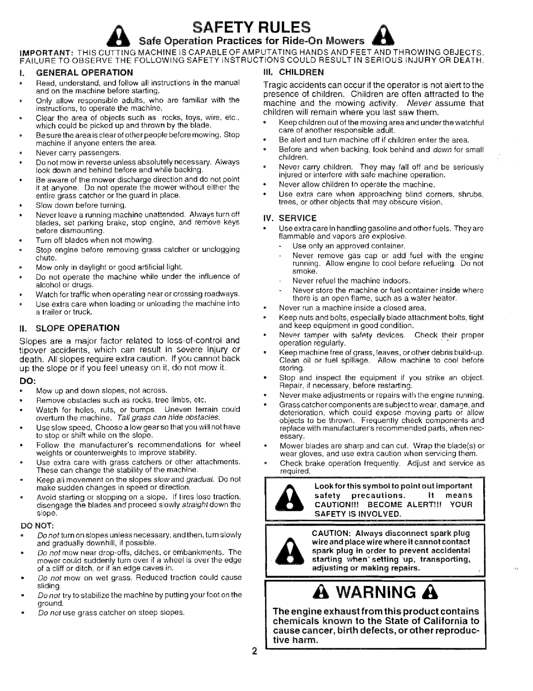 Sears 917.259567 owner manual Safe Operation Practices for Ride=On Mowers, III Children 