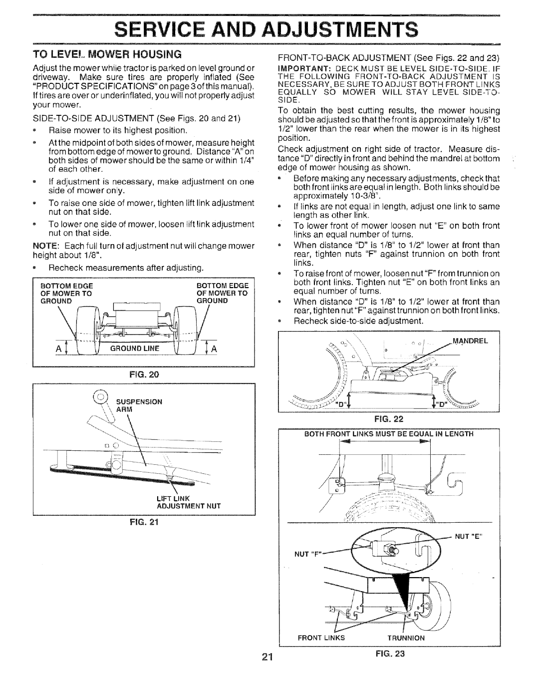 Sears 917.259567 owner manual Service AN Adjustments, To Level Mower Housing 