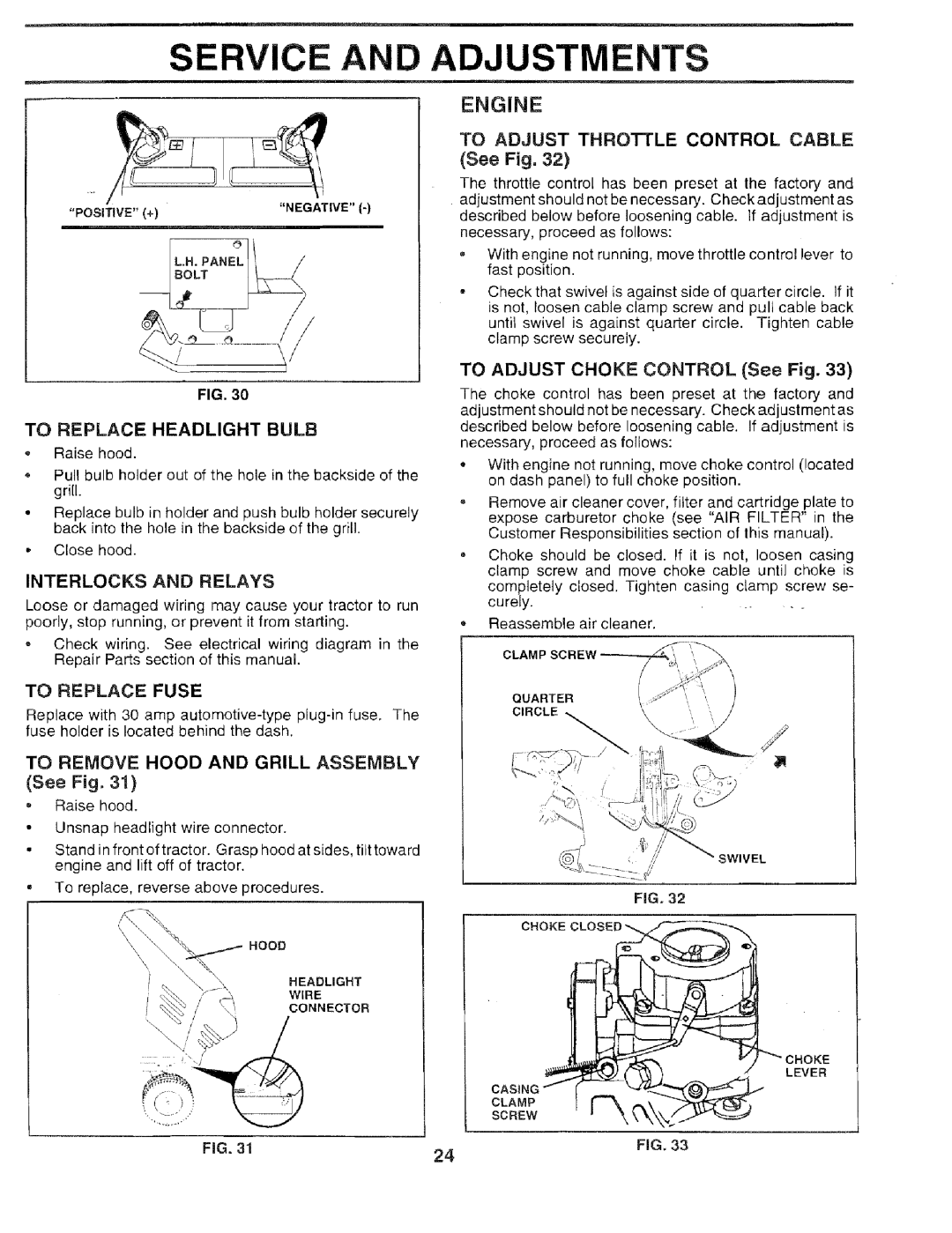 Sears 917.259567 owner manual Adjustments, Engine, To Replace Headlight Bulb, Interlocks and Relays 