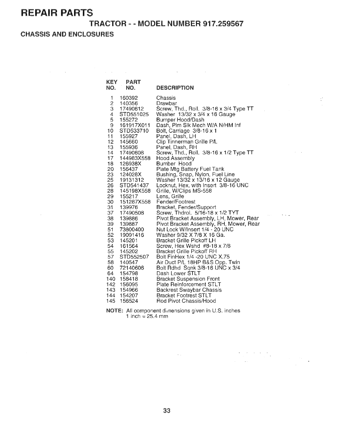 Sears 917.259567 owner manual Tractor = Model Number, Chassis and Enclosures, KEY Part, No. No. Descrmpt!On, Stlt 