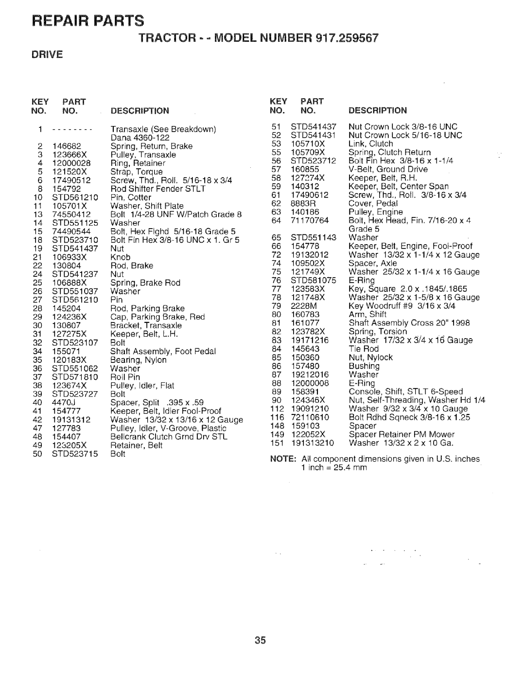 Sears 917.259567 owner manual Drive, Key, Part KEY, Description 