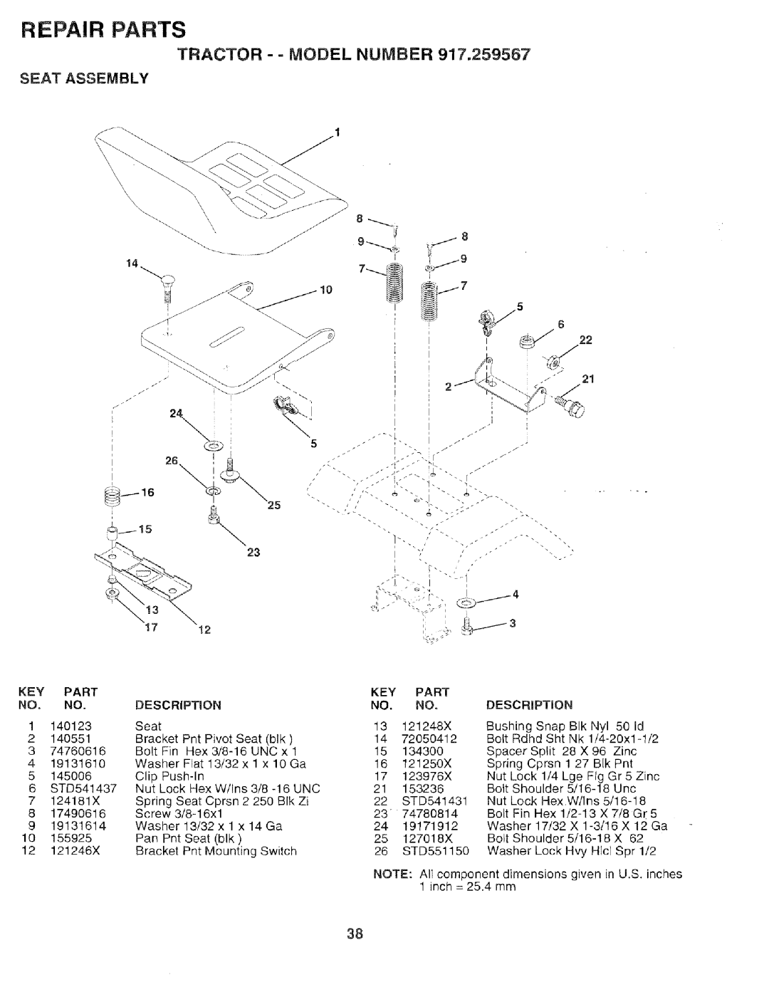 Sears 917.259567 owner manual Seat Assembly, KEY Part Description 