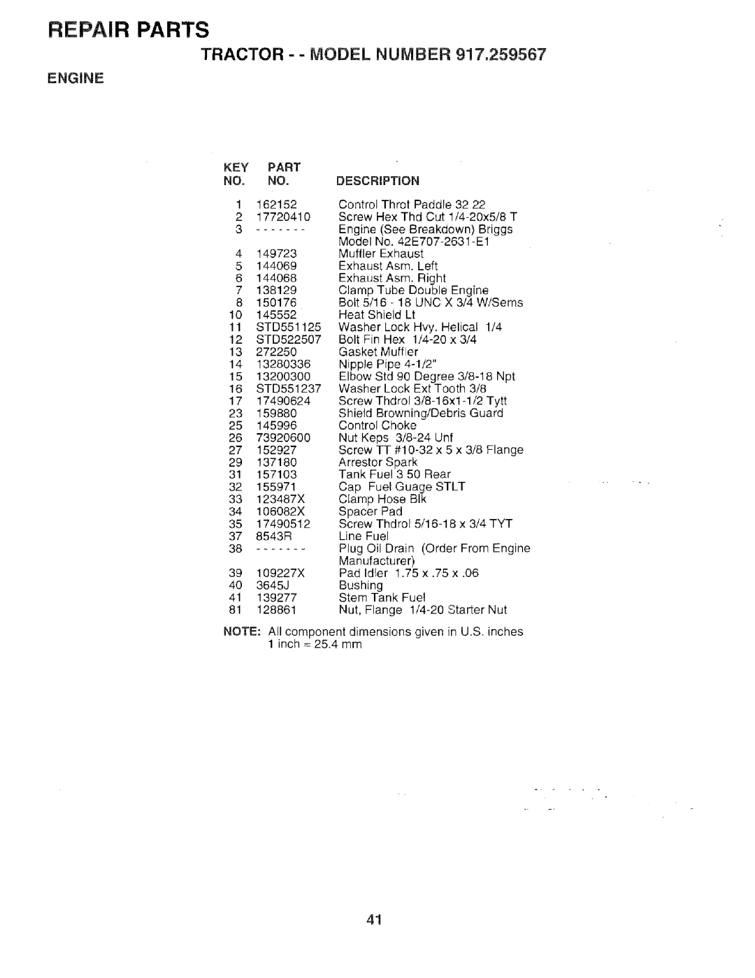 Sears 917.259567 owner manual Tractor - Model Number 917,259567, Engine, KEY Part NO, NO. Description 