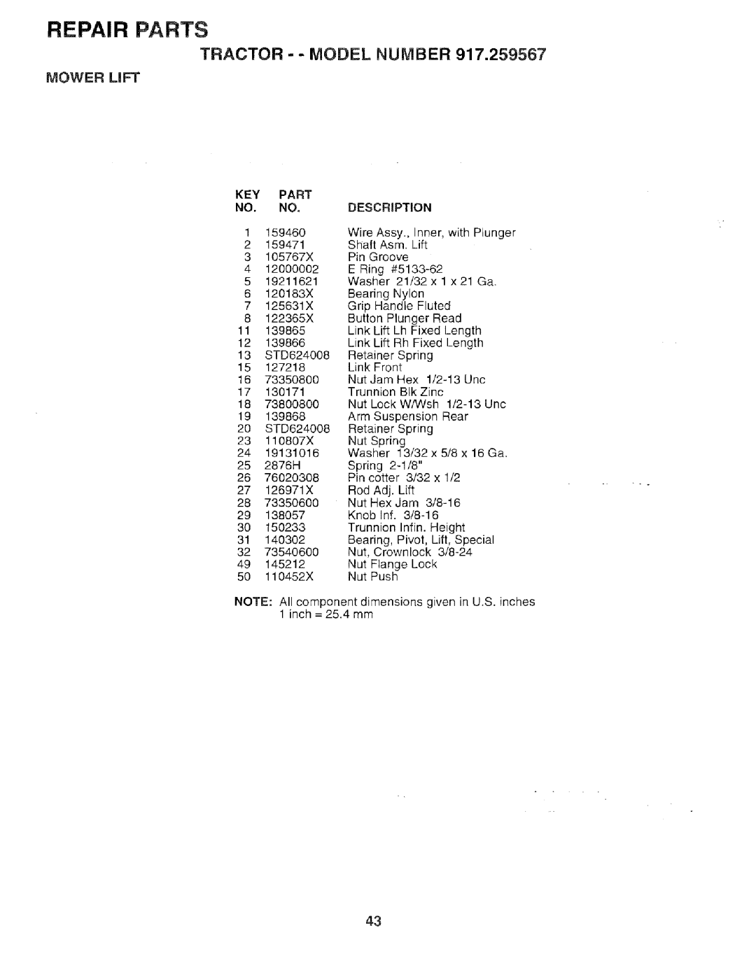 Sears 917.259567 owner manual Mower Lift, NO. no 