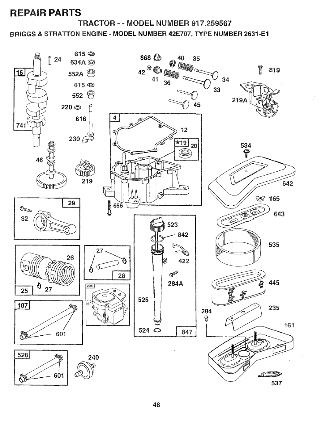 Sears 917.259567 owner manual Tractor = = Model Number, 534, 284A445 525, 24O 537 