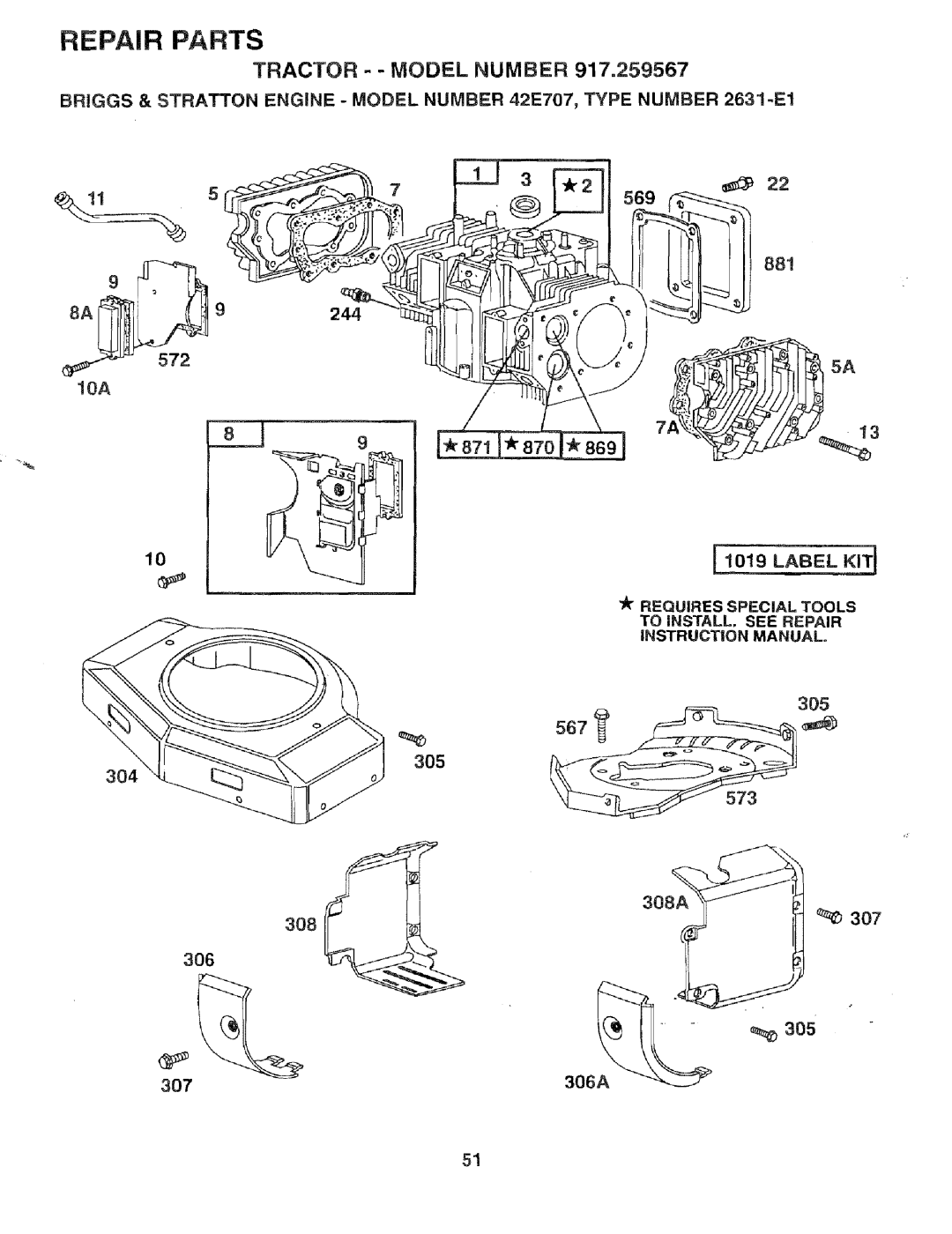 Sears 917.259567 owner manual Tractor - Model Number, Label KIT, 304 308A, 306 305 