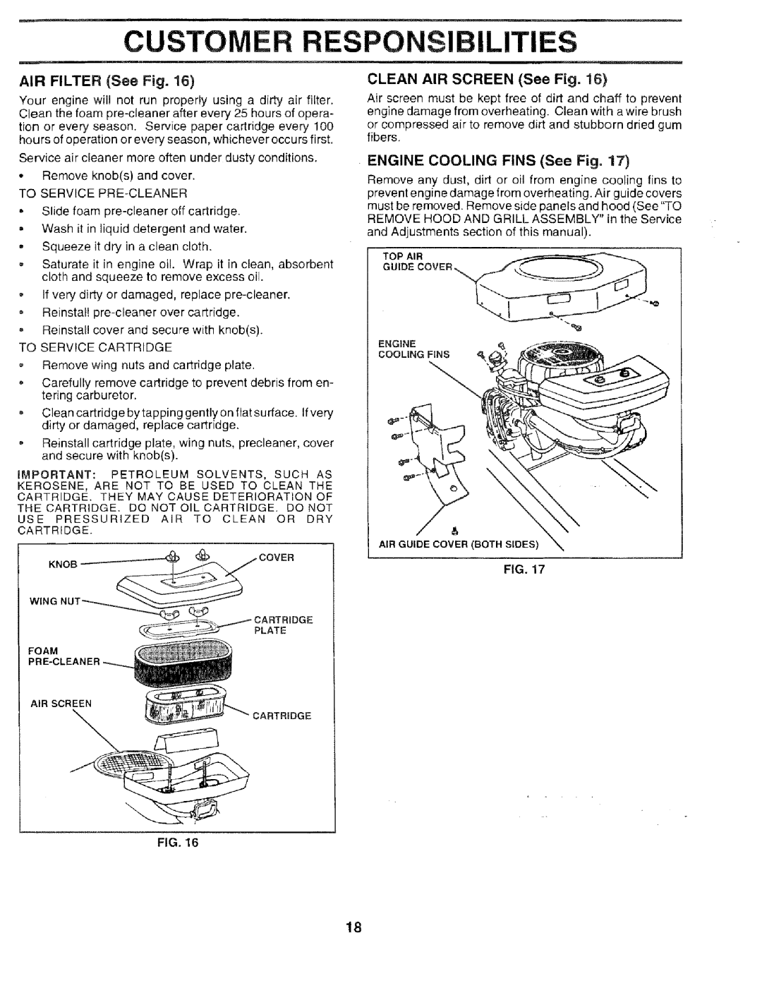 Sears 917.259567 owner manual Ilities, AIR FILTER See Fig, CLEAN AIR SCREEN See Fig, ENGINE COOLING FINS See Fig 