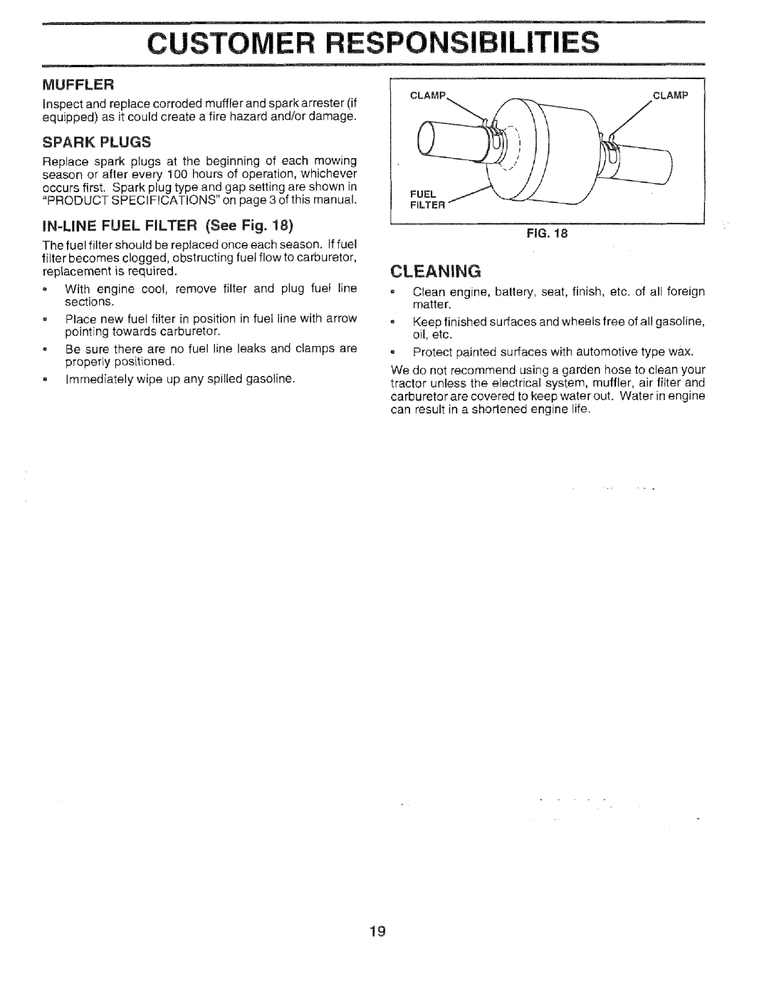 Sears 917.259567 owner manual Cer Respo ;Ibilitie, Cleaning, Spark Plugs, IN-LINEFUEL FILTER See Fig, Muffler 