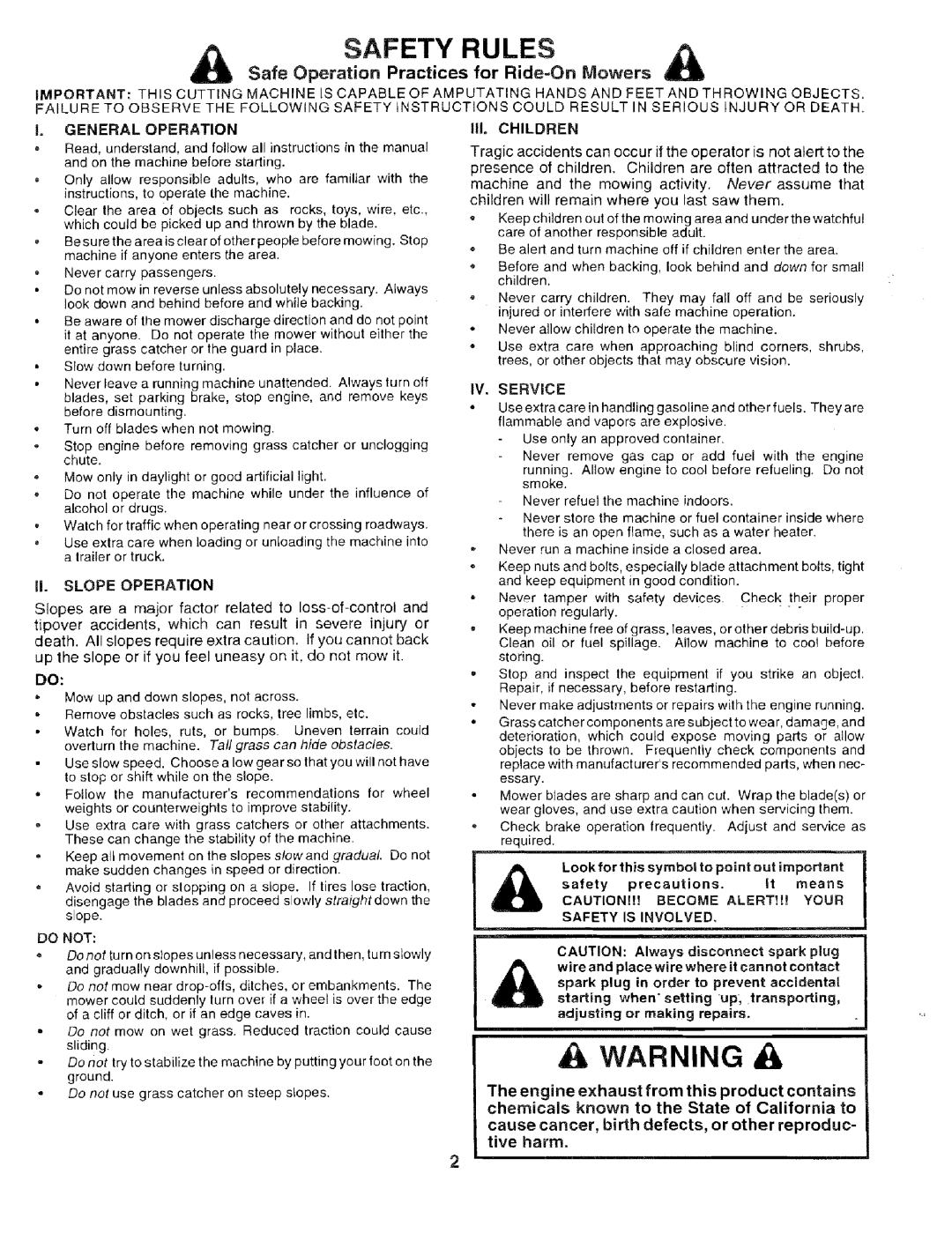 Sears 917.259567 owner manual Safety Rules, Safe Operation Practices for Ride=On Mowers, down, Service 